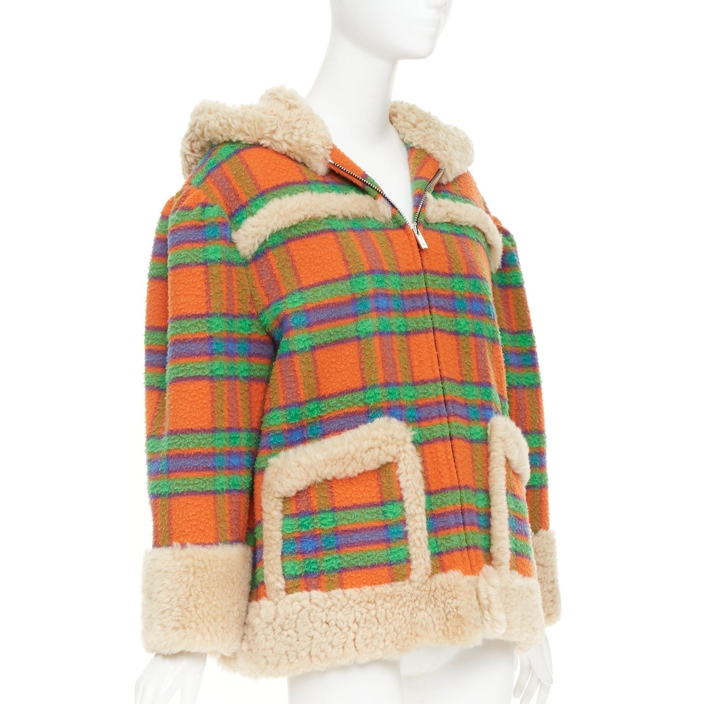 Women's Miu Miu Plaid Casentino Shearling wool sheepskin fur boxy jacket