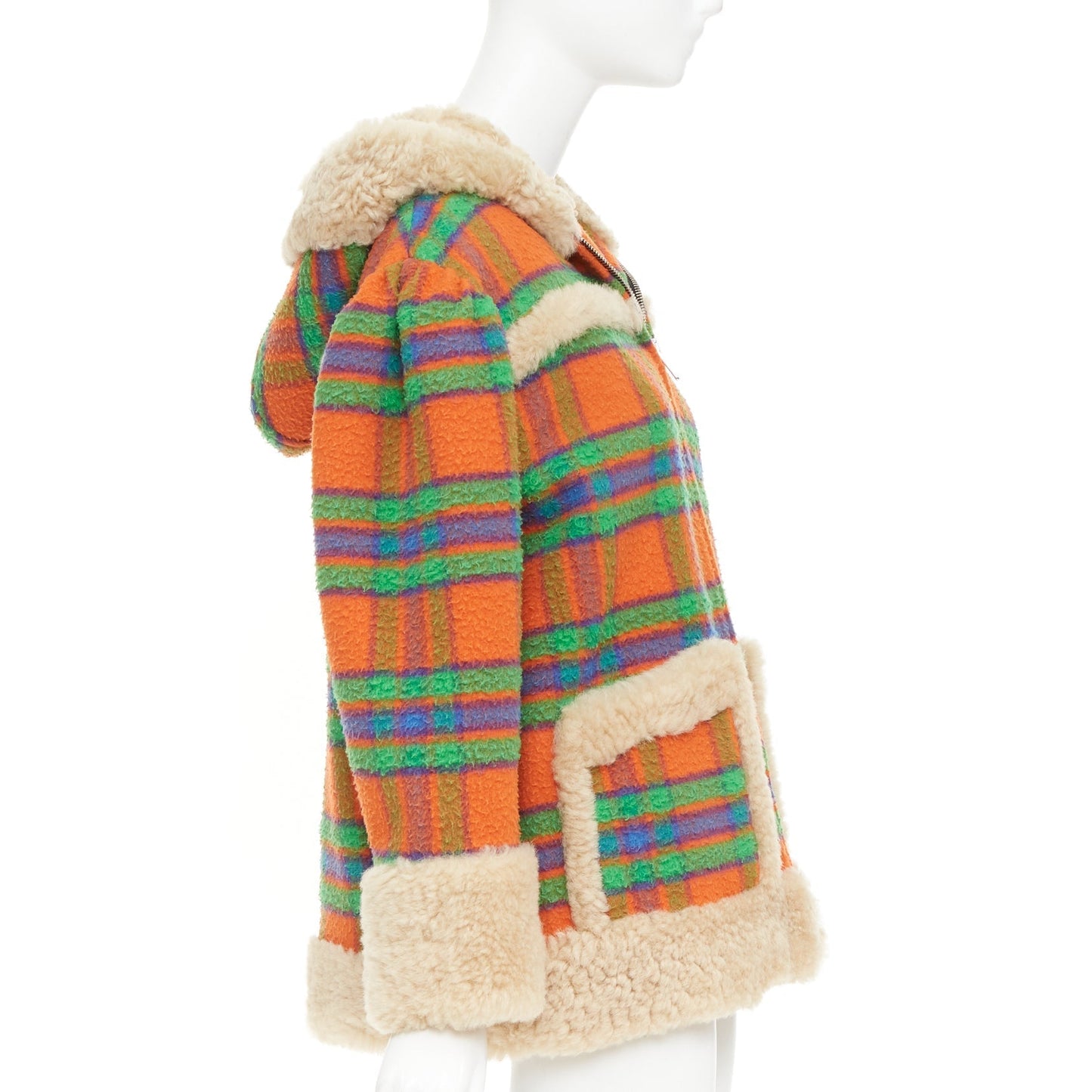Women's Miu Miu Plaid Casentino Shearling wool sheepskin fur boxy jacket