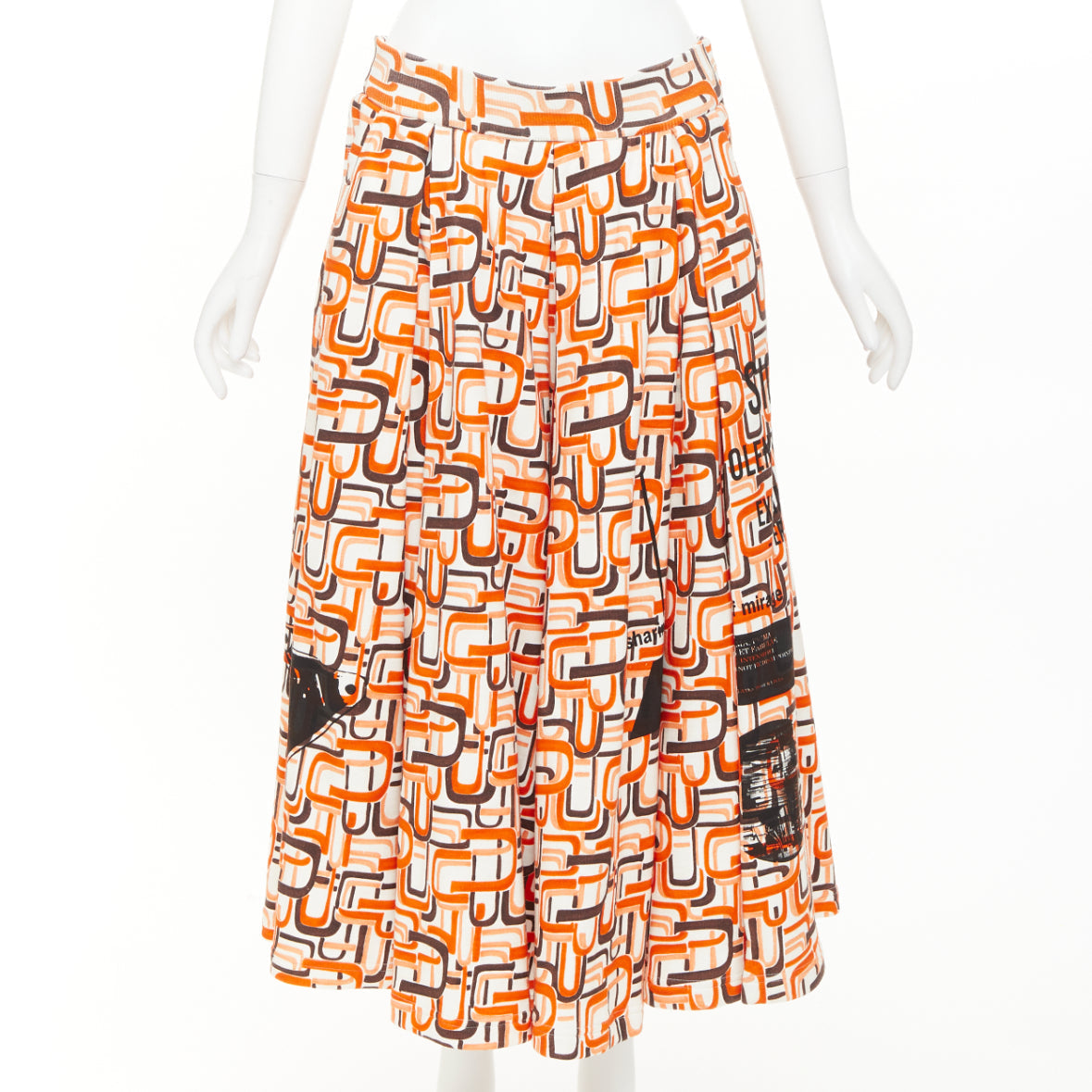 Women's Prada orange geometric link print triangle logo midi skirt