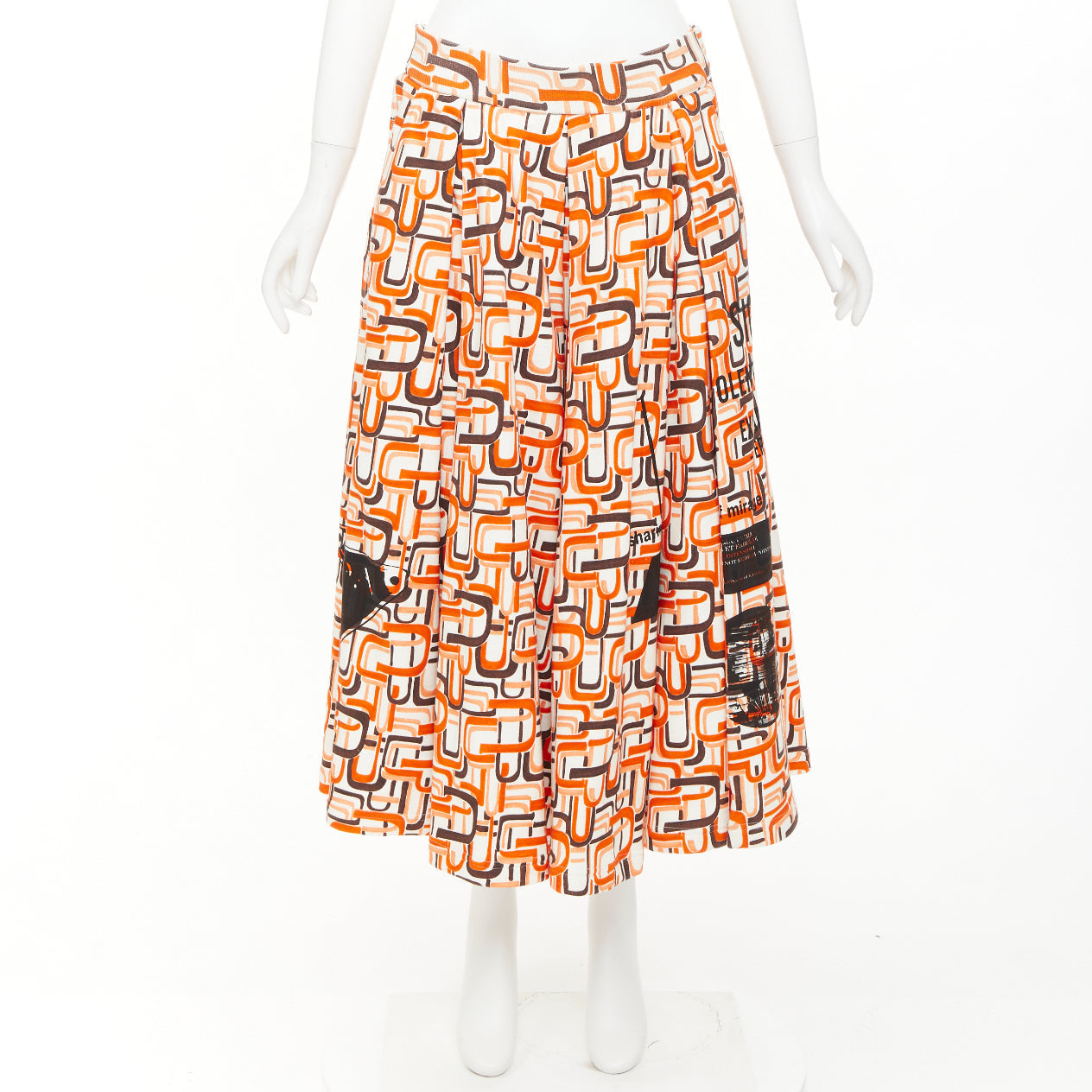 Women's Prada orange geometric link print triangle logo midi skirt