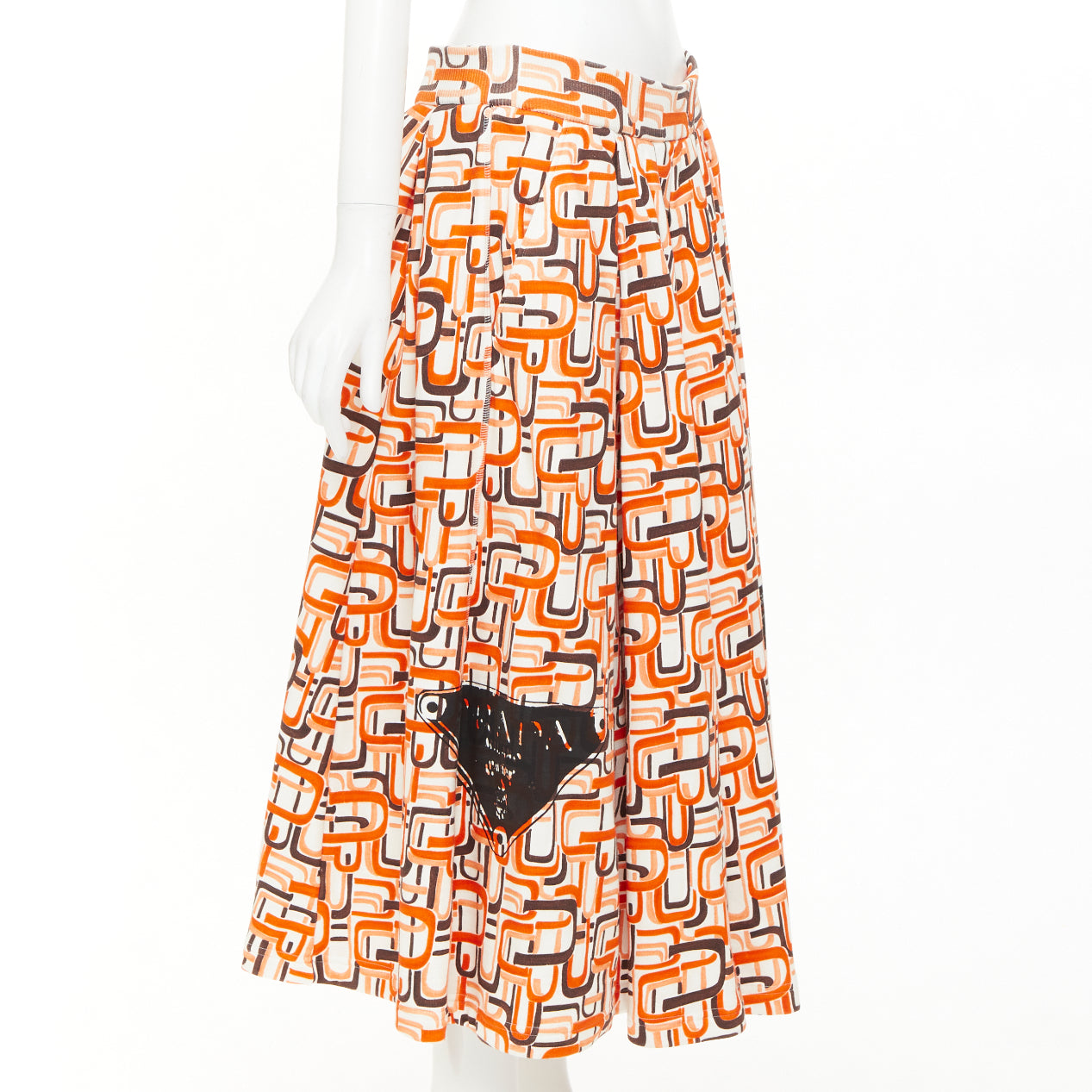 Women's Prada orange geometric link print triangle logo midi skirt