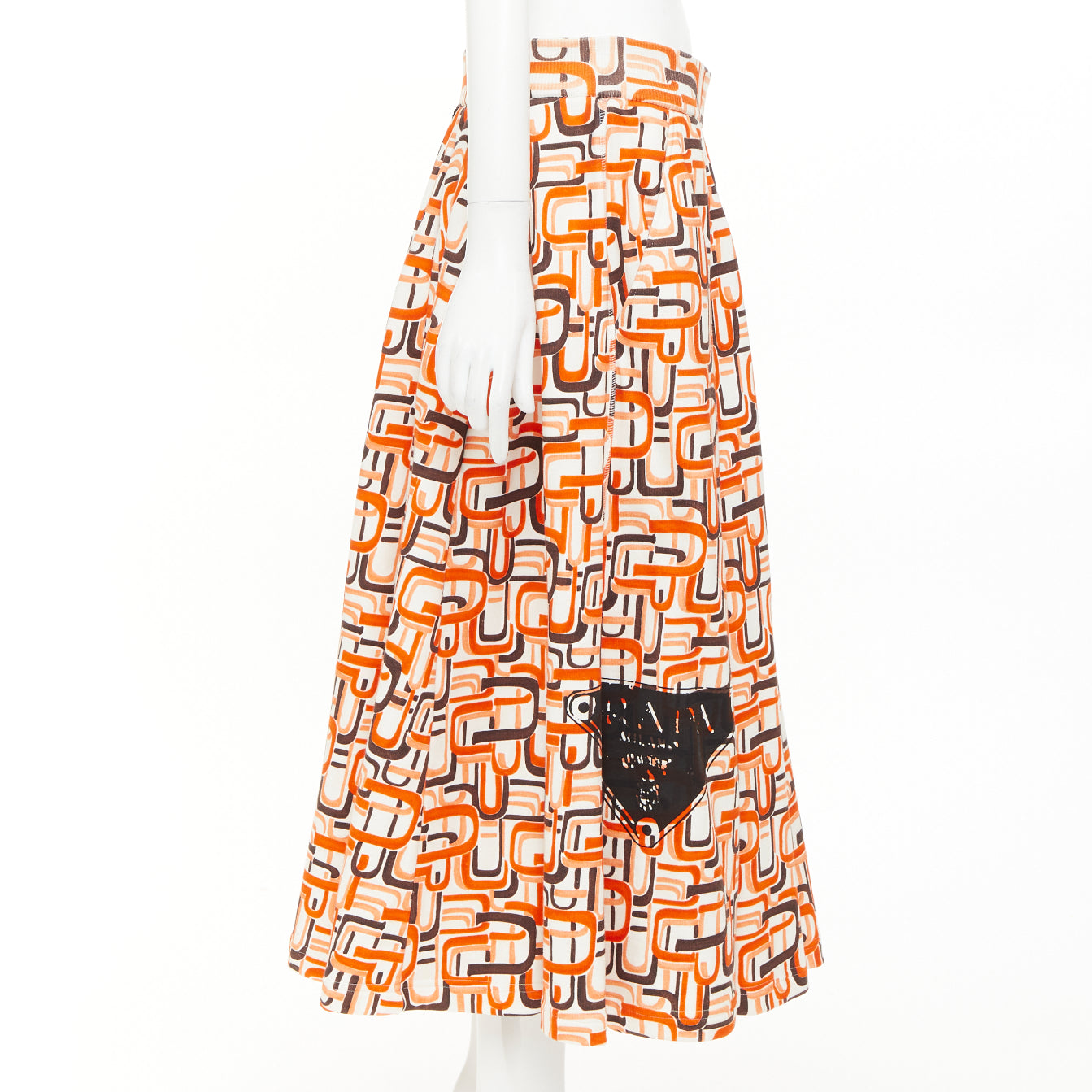 Women's Prada orange geometric link print triangle logo midi skirt