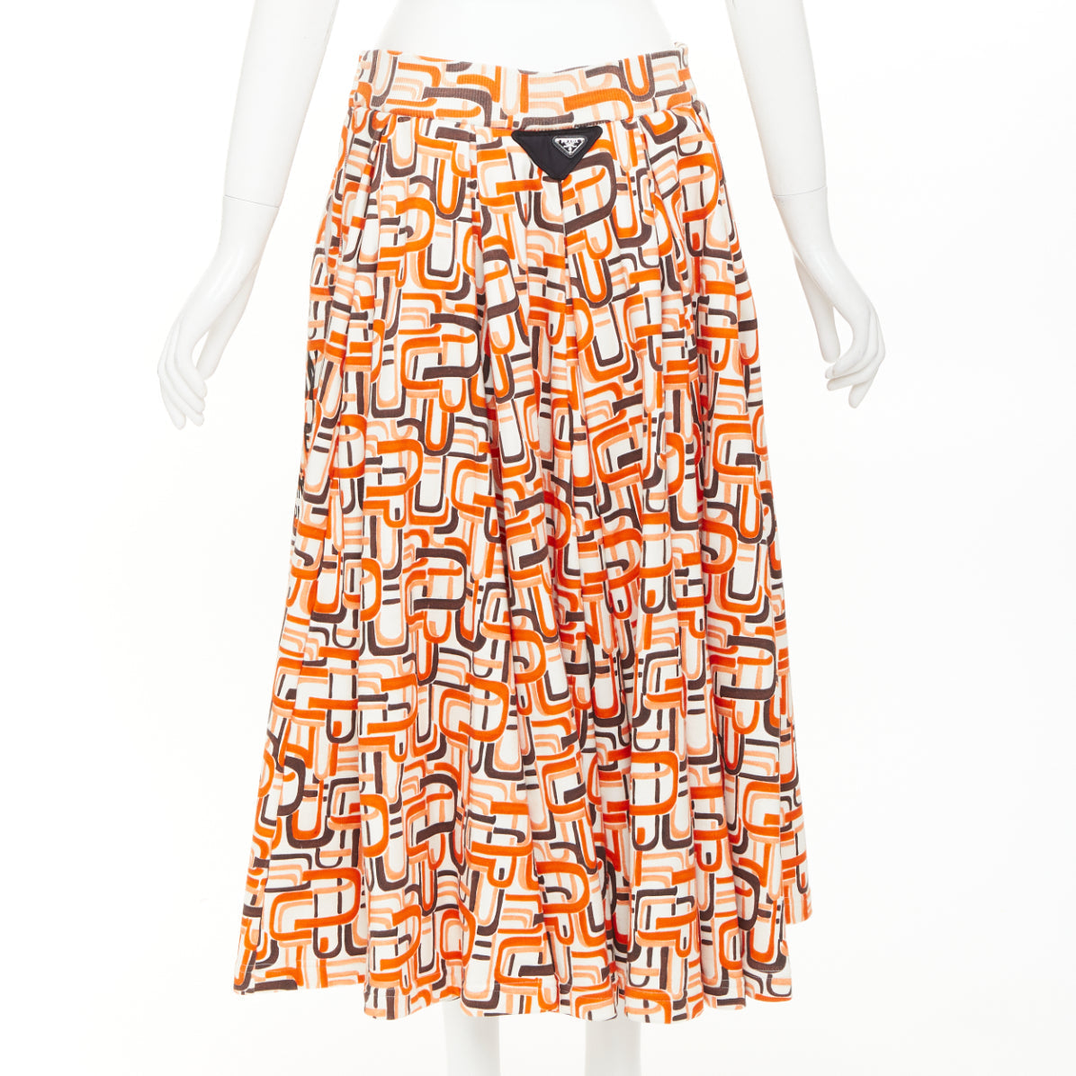 Women's Prada orange geometric link print triangle logo midi skirt