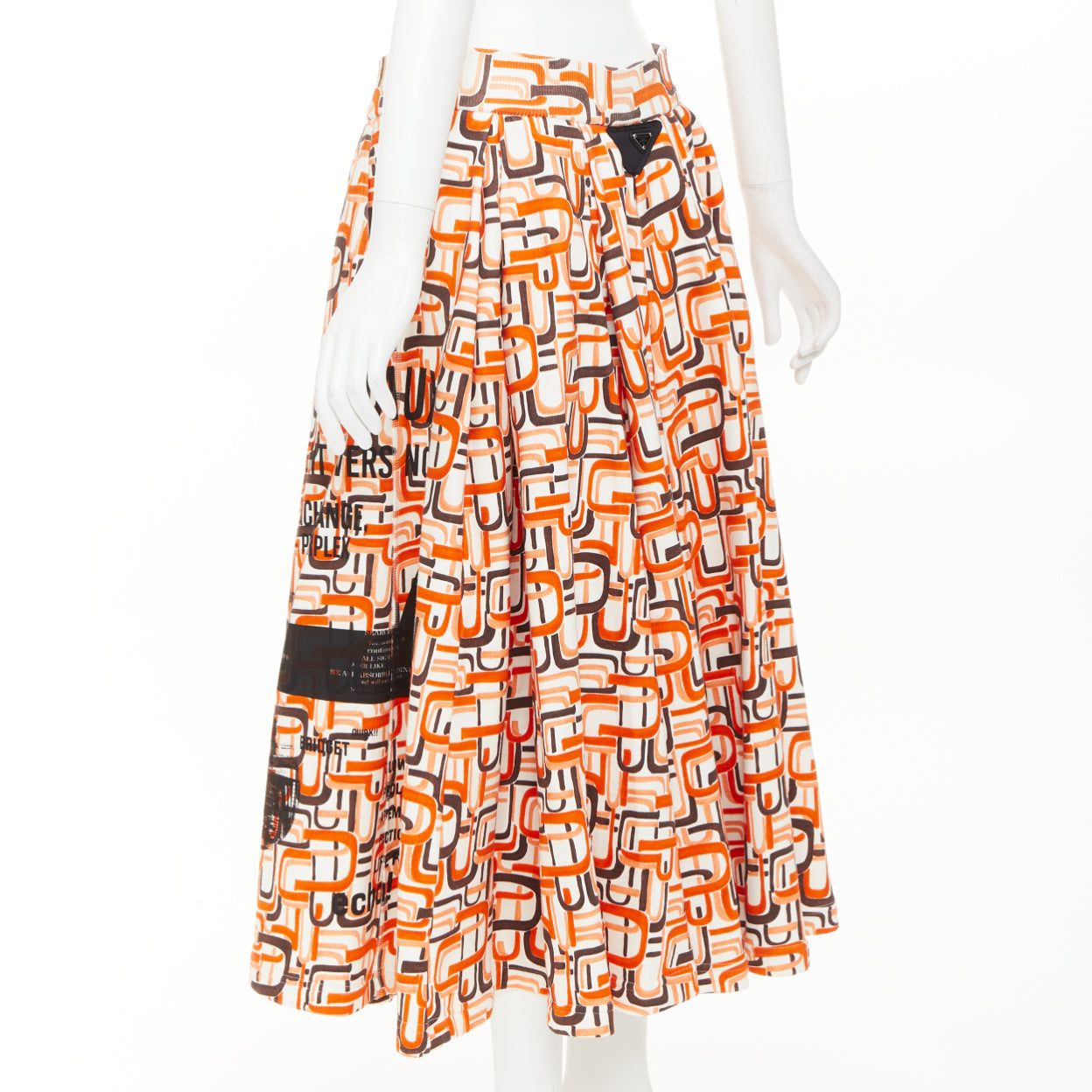 Women's Prada orange geometric link print triangle logo midi skirt