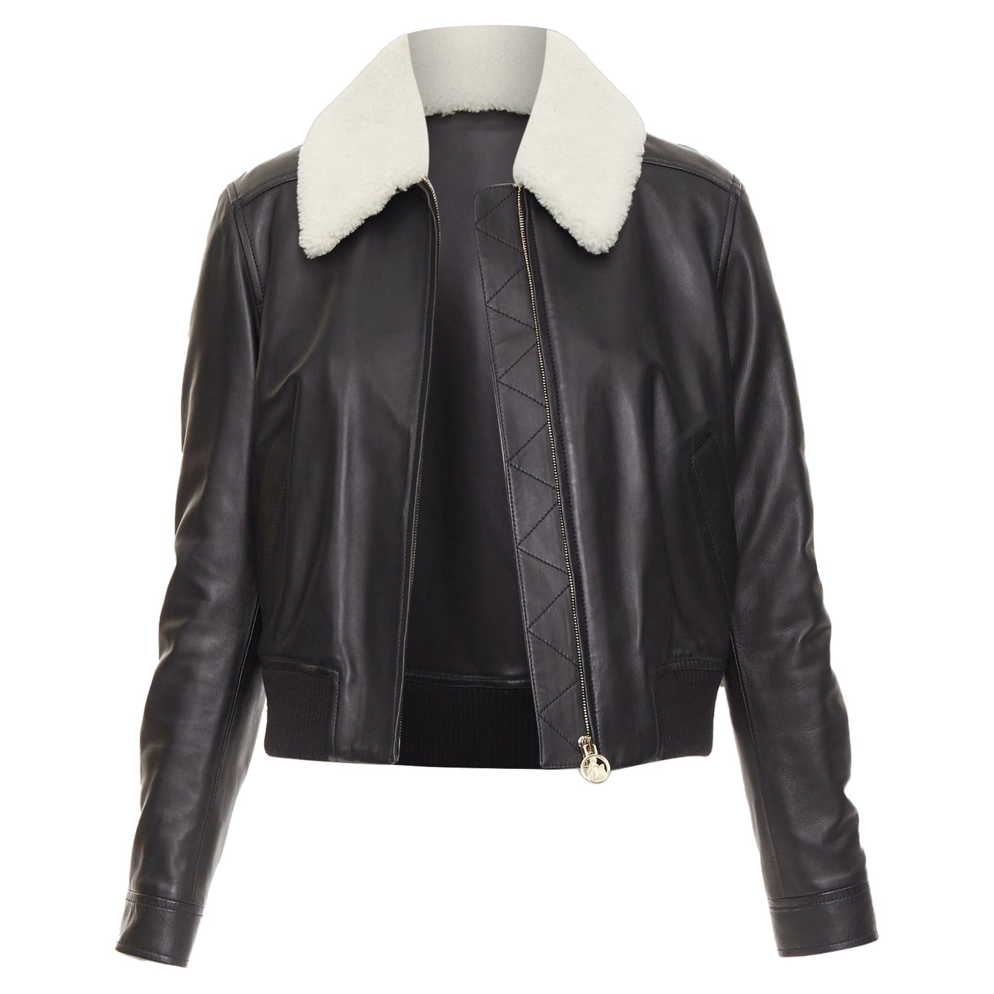 Women's Lanvin black lambskin leather shearling collar aviator bomber