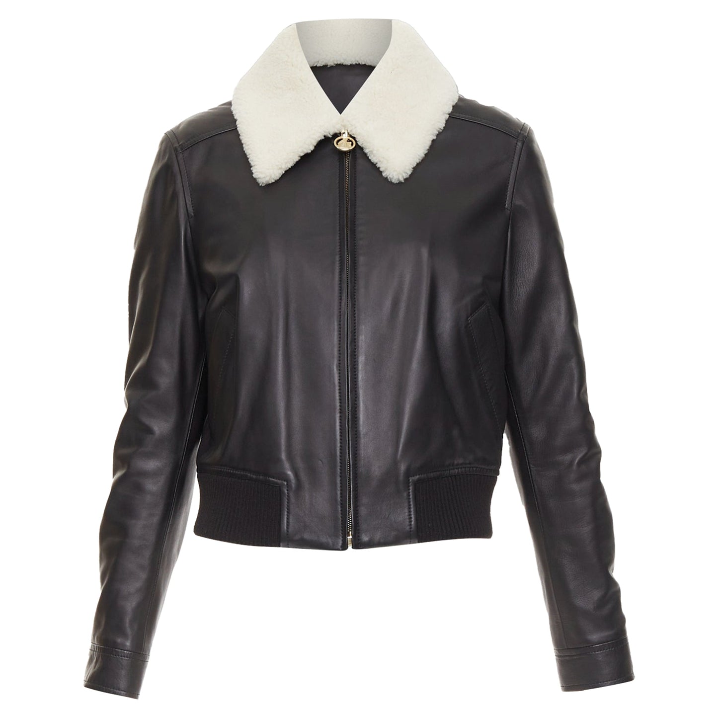 Women's Lanvin black lambskin leather shearling collar aviator bomber