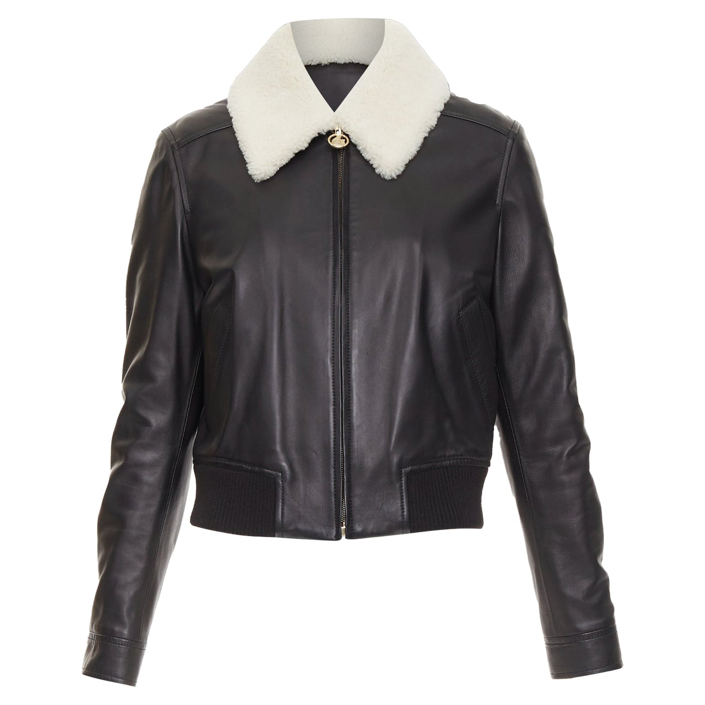 Women's Lanvin black lambskin leather shearling collar aviator bomber