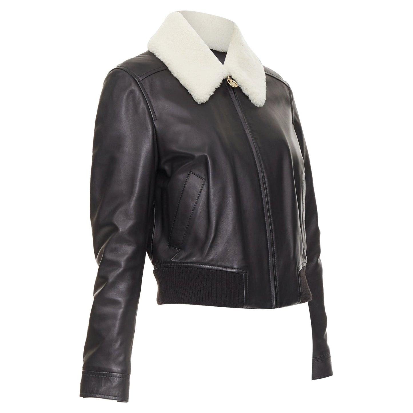 Women's Lanvin black lambskin leather shearling collar aviator bomber