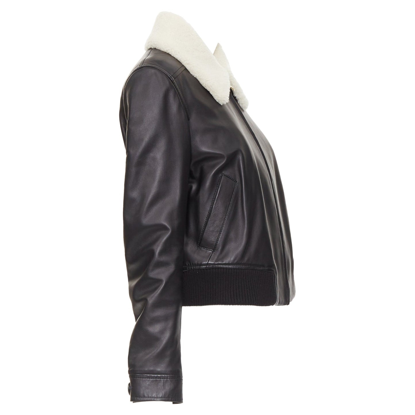 Women's Lanvin black lambskin leather shearling collar aviator bomber