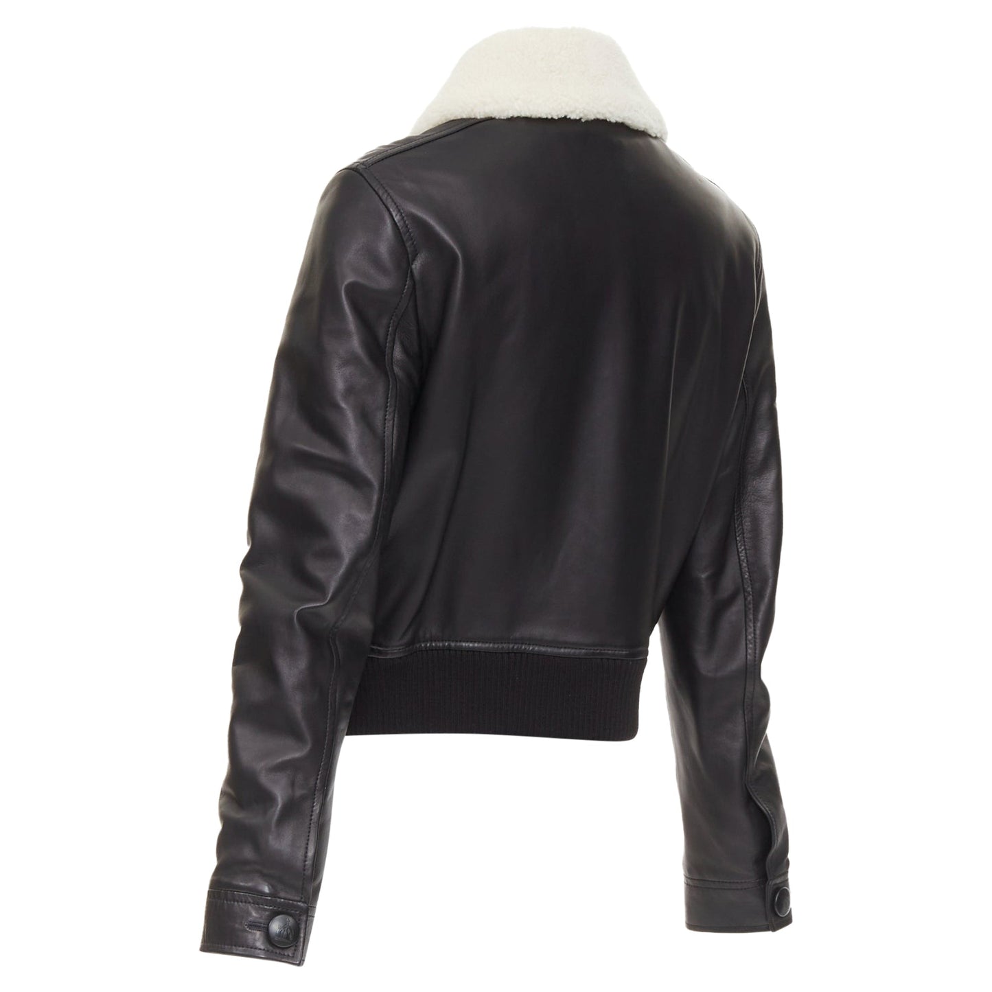 Women's Lanvin black lambskin leather shearling collar aviator bomber