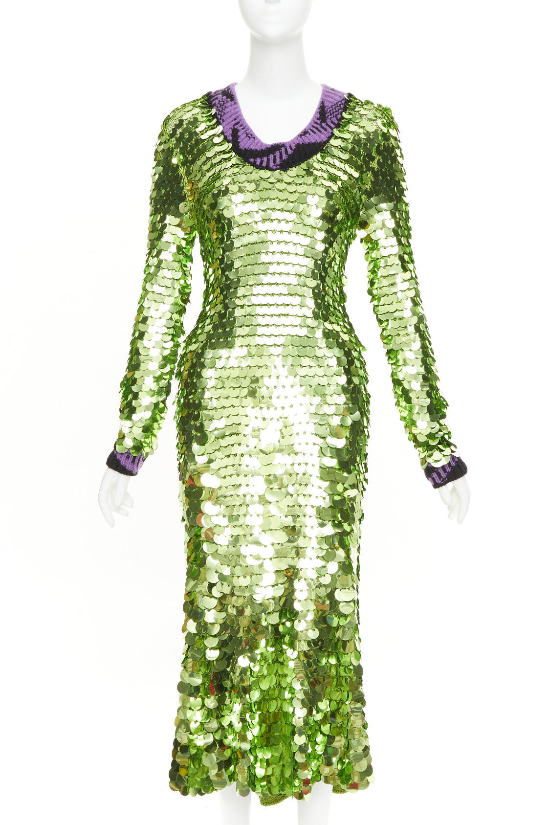 Women's Prada green sequin paillettes purple jacquard trim dress