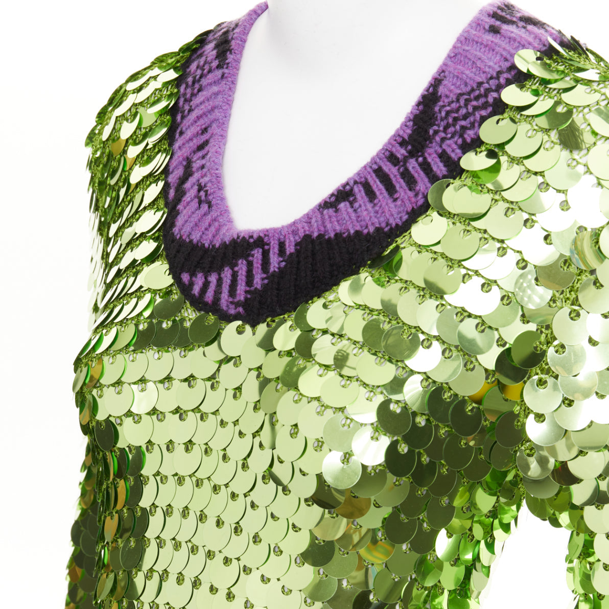 Women's Prada green sequin paillettes purple jacquard trim dress