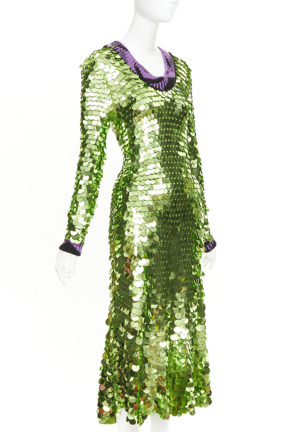 Women's Prada green sequin paillettes purple jacquard trim dress