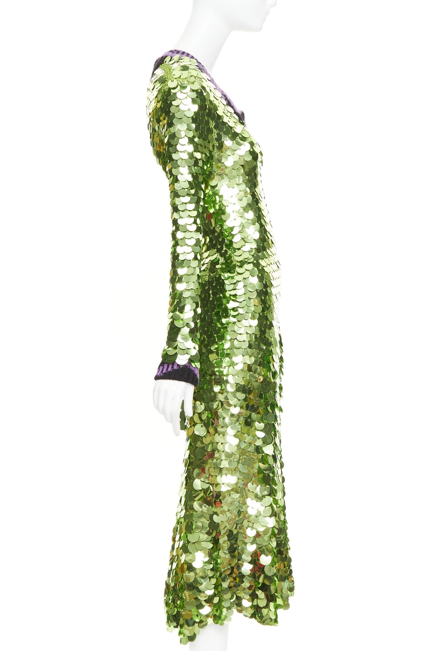 Women's Prada green sequin paillettes purple jacquard trim dress