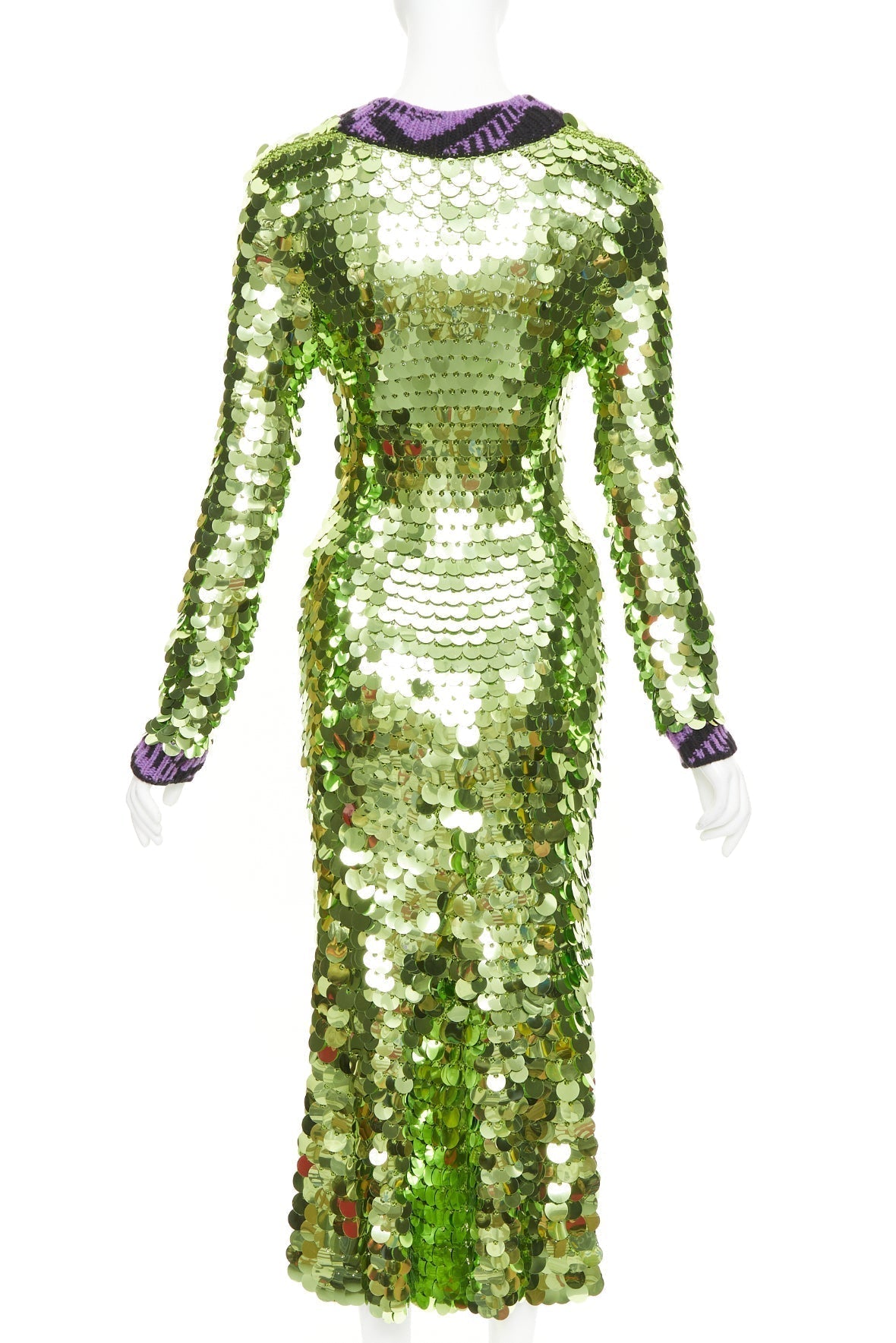Women's Prada green sequin paillettes purple jacquard trim dress