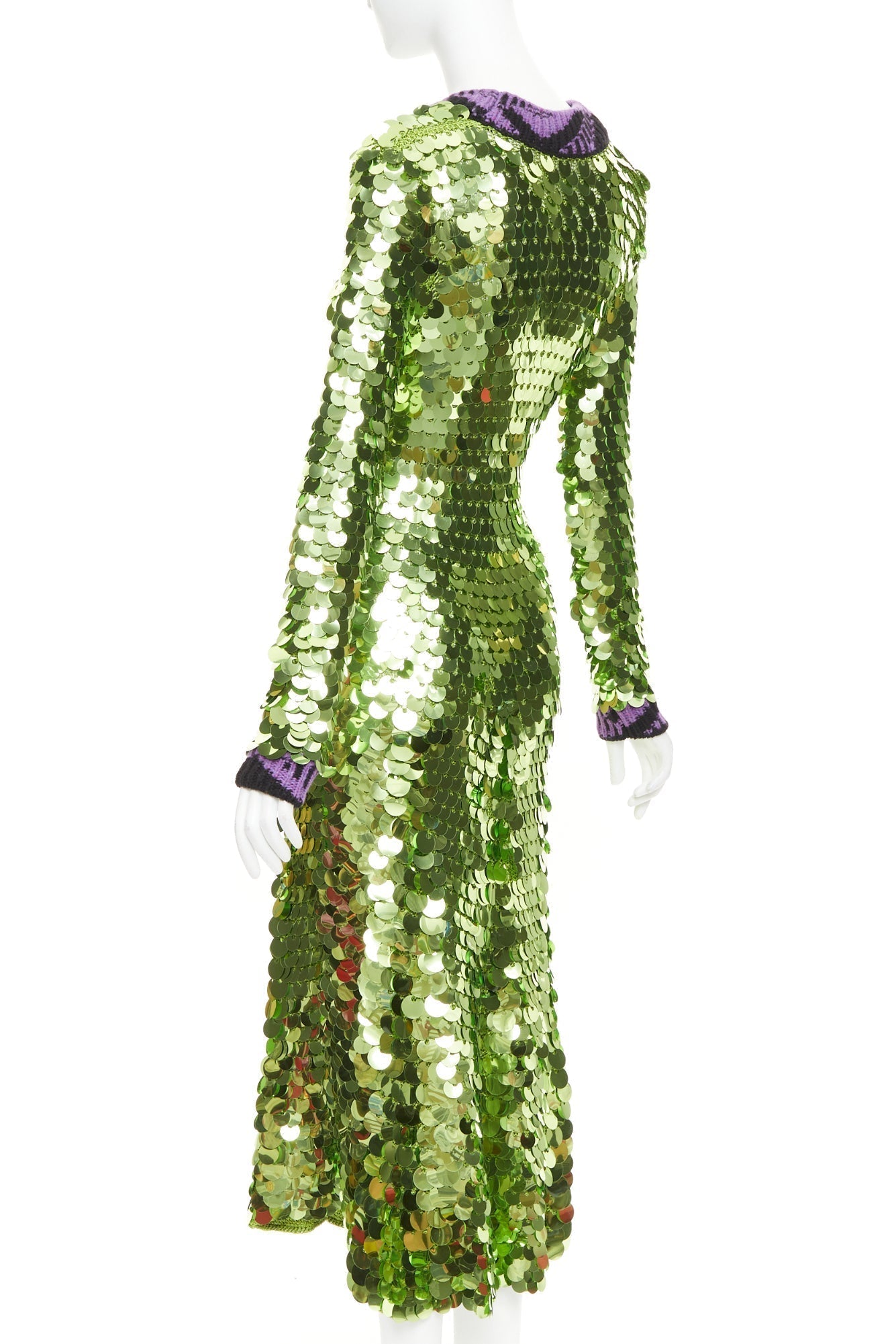 Women's Prada green sequin paillettes purple jacquard trim dress