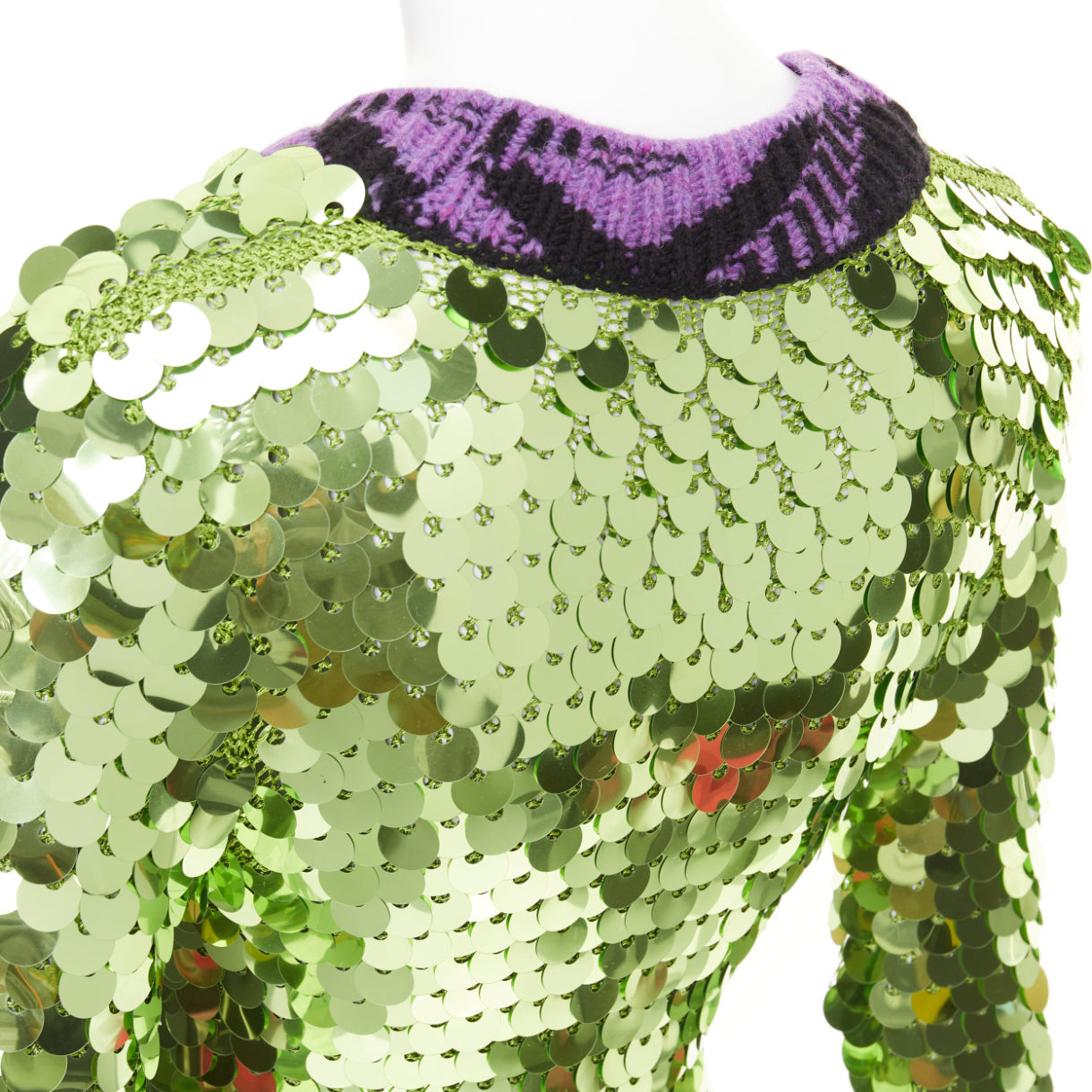 Women's Prada green sequin paillettes purple jacquard trim dress
