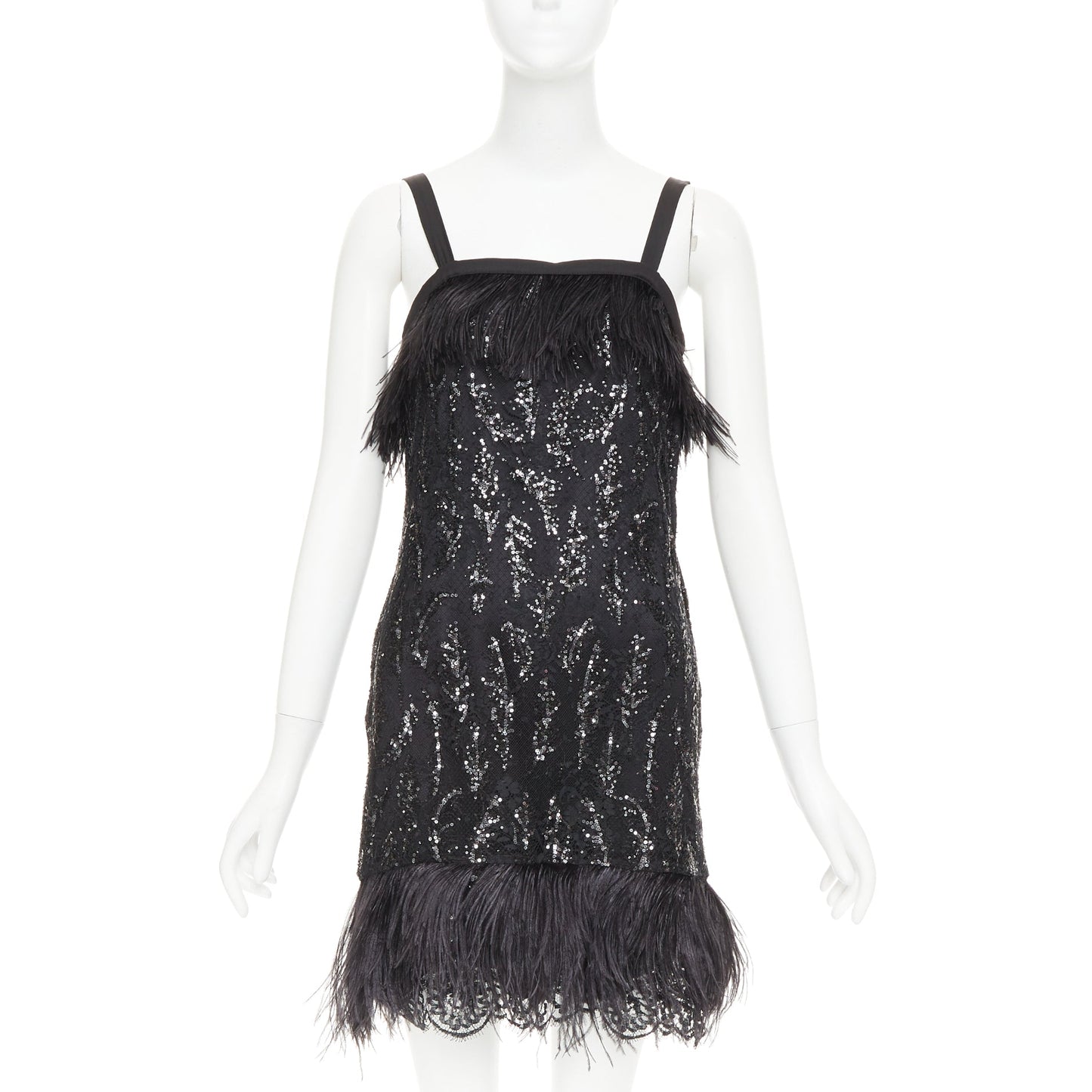 Women's Prada black sequinned lace ostrich feather trim strappy dress