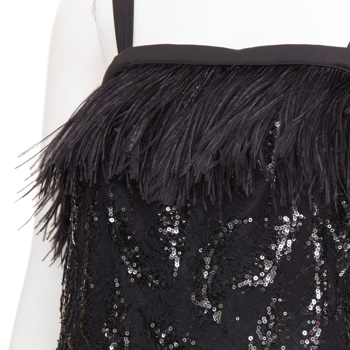 Women's Prada black sequinned lace ostrich feather trim strappy dress