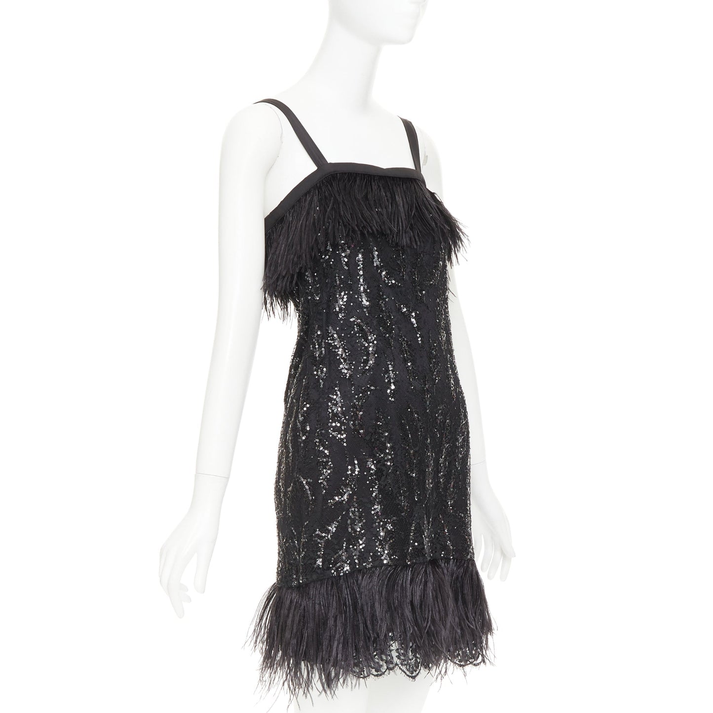 Women's Prada black sequinned lace ostrich feather trim strappy dress