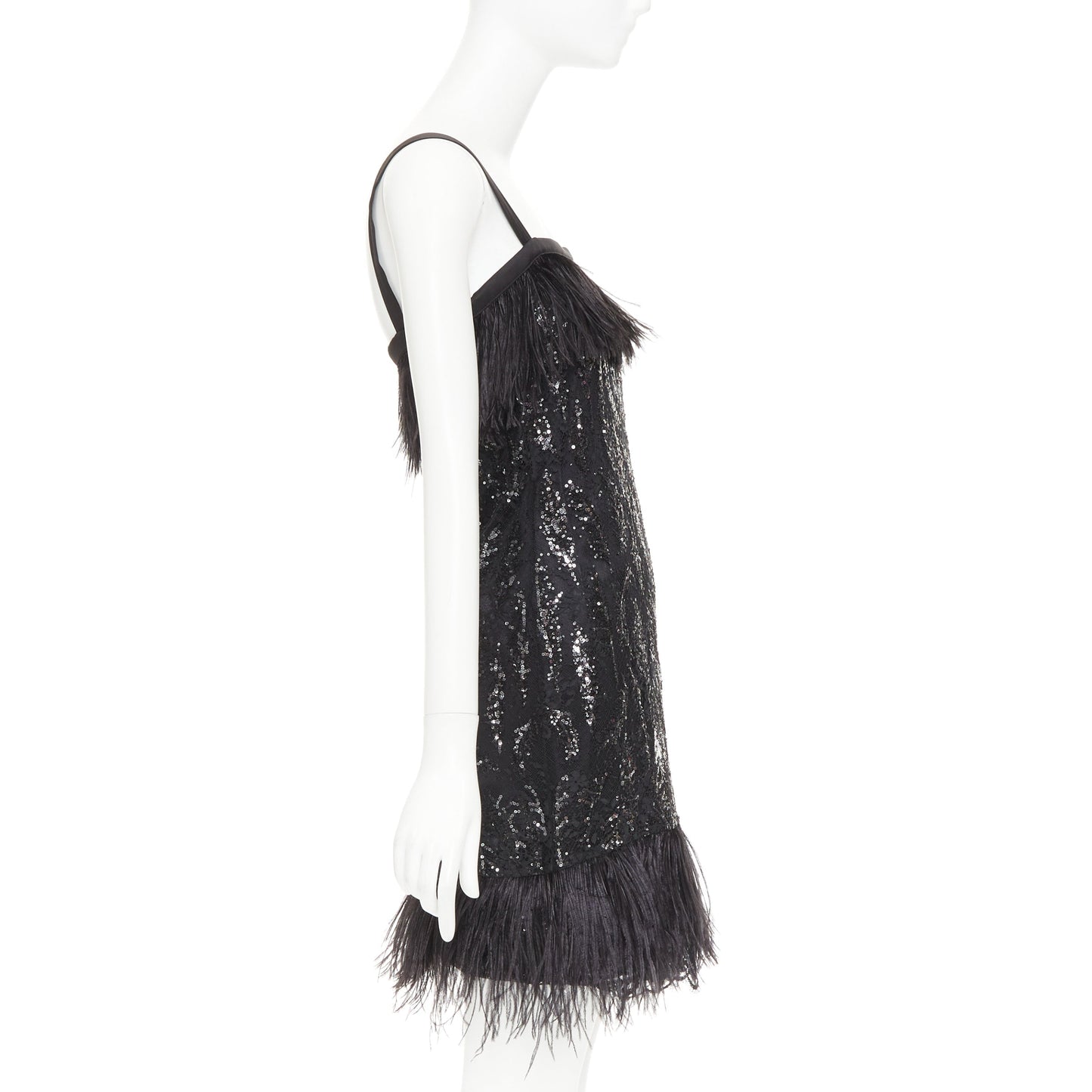 Women's Prada black sequinned lace ostrich feather trim strappy dress