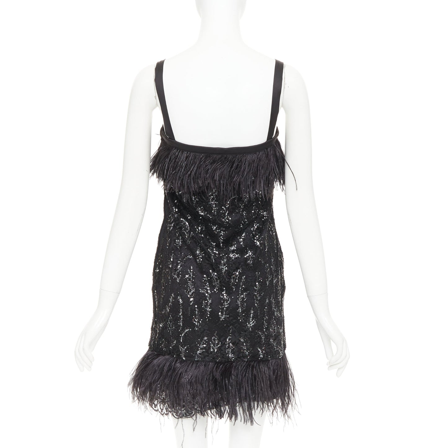 Women's Prada black sequinned lace ostrich feather trim strappy dress