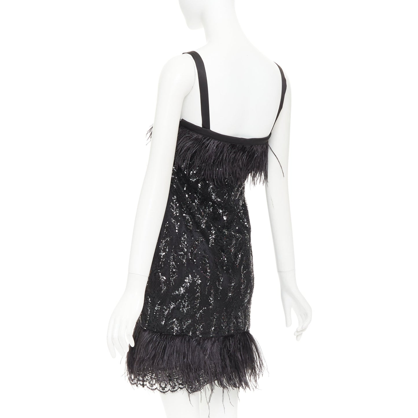 Women's Prada black sequinned lace ostrich feather trim strappy dress