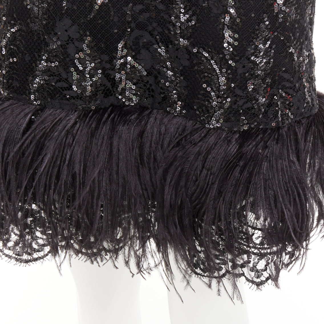 Women's Prada black sequinned lace ostrich feather trim strappy dress