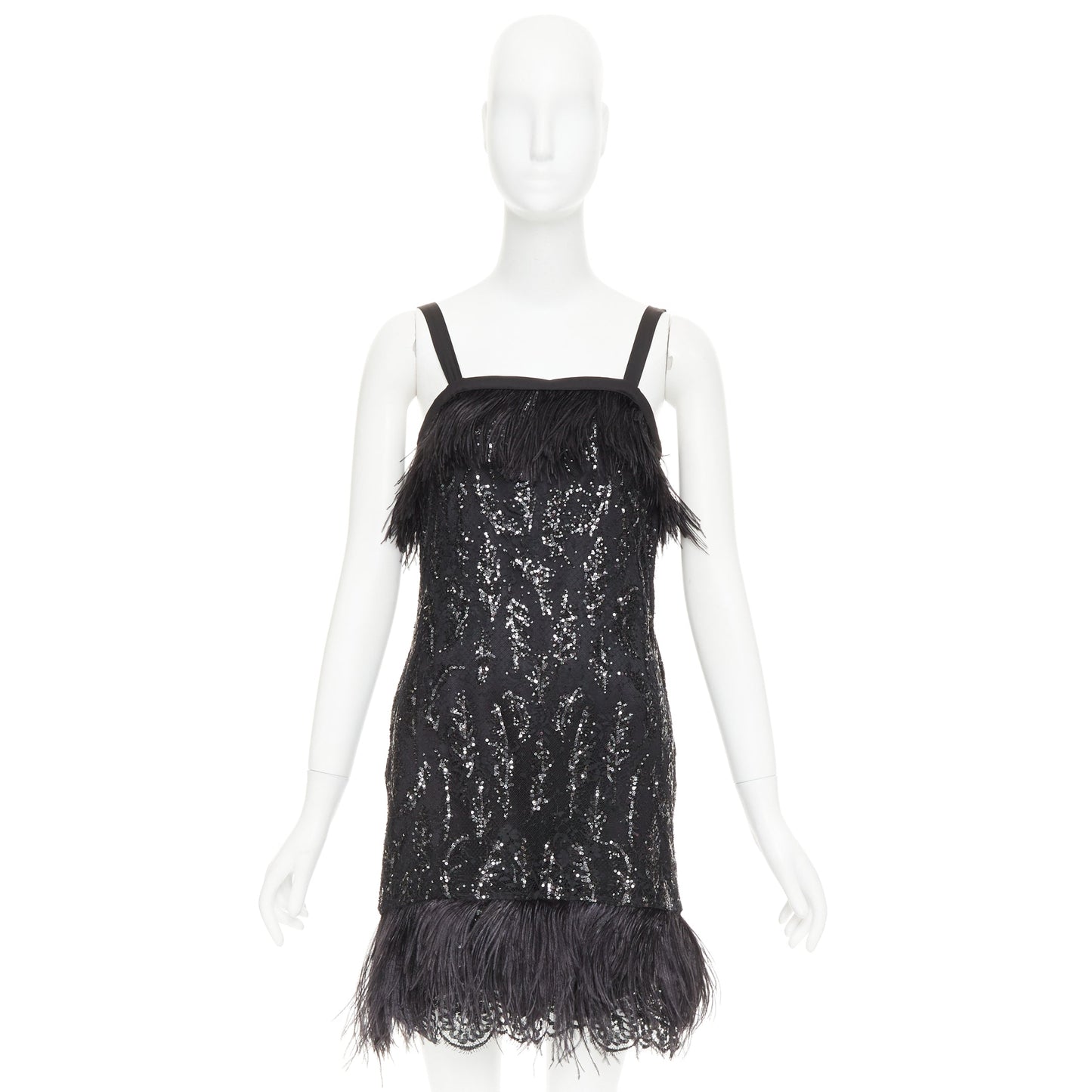 Women's Prada black sequinned lace ostrich feather trim strappy dress