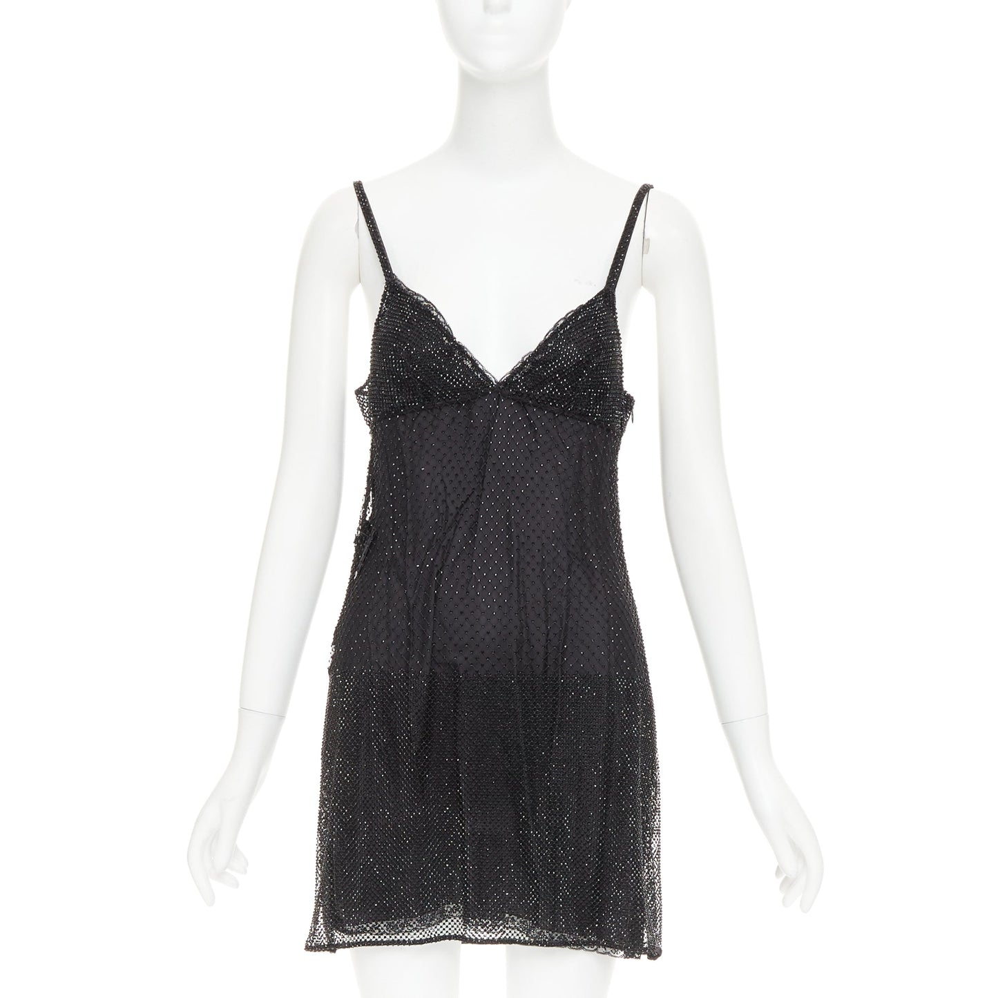 Women's Prada black rhinestone crystal degrade mesh mini slip dress