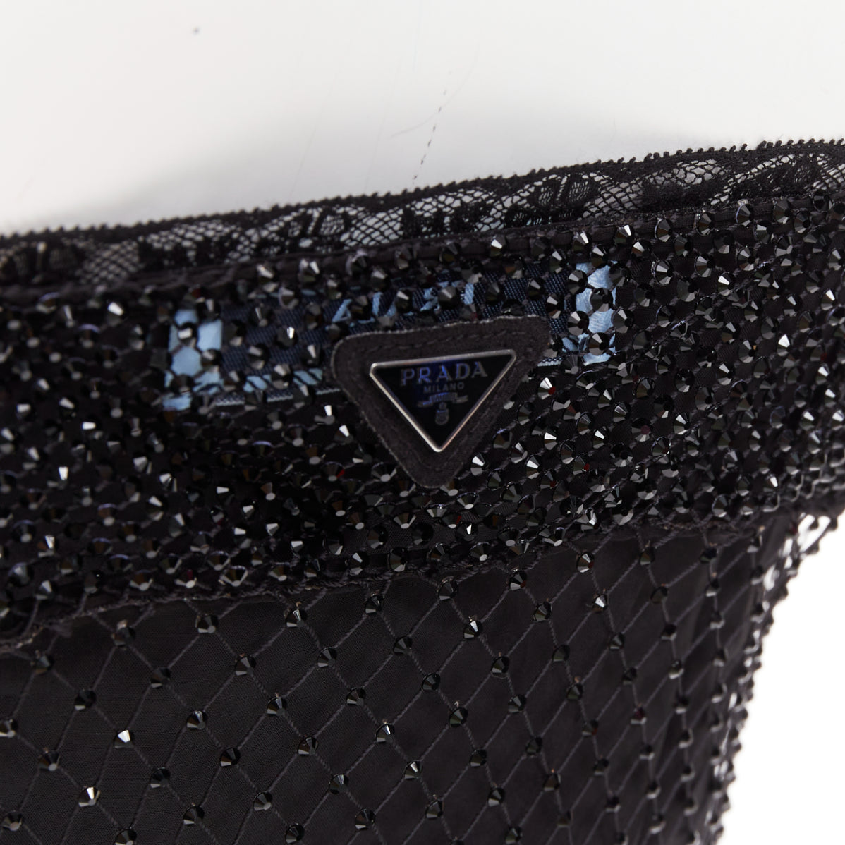 Women's Prada black rhinestone crystal degrade mesh mini slip dress