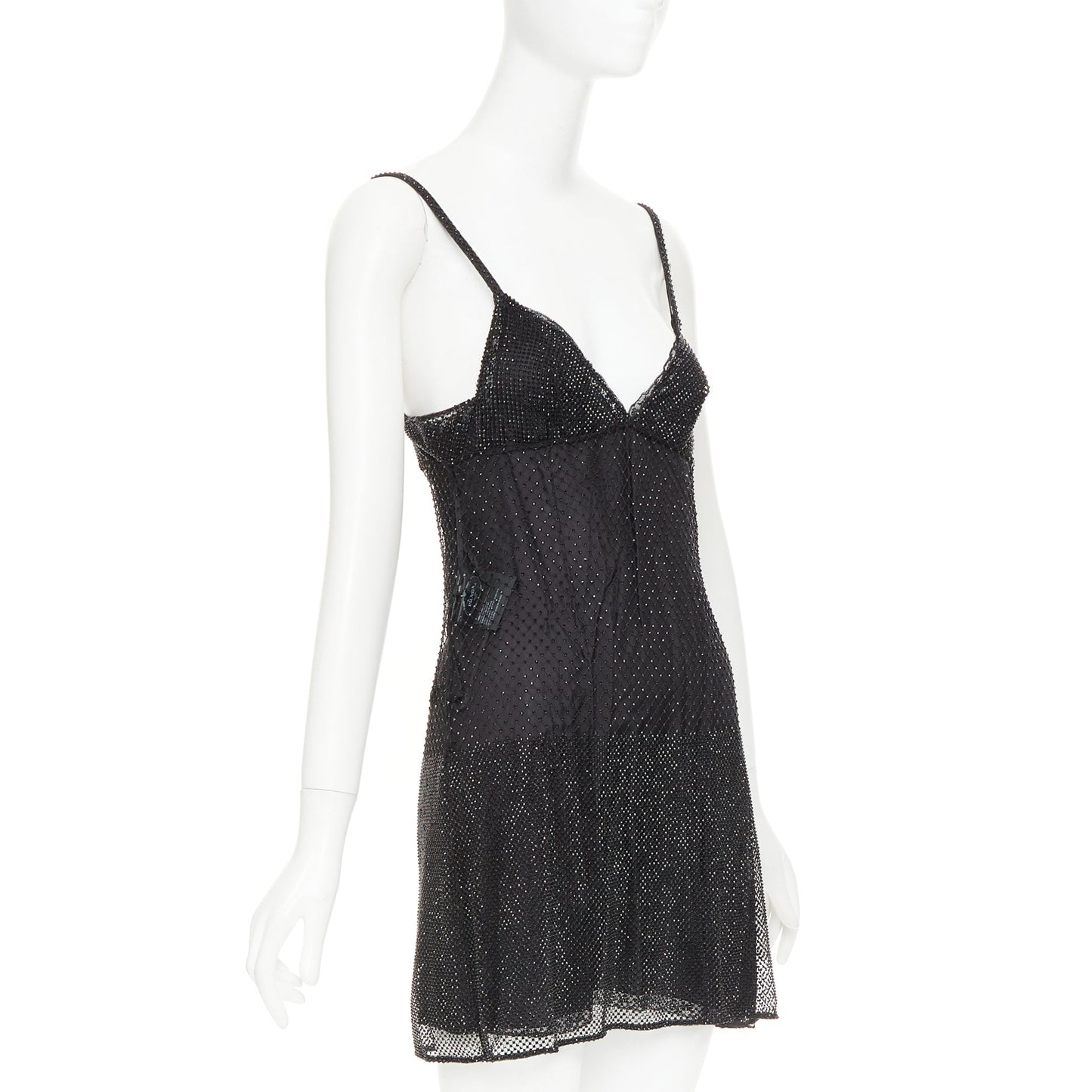 Women's Prada black rhinestone crystal degrade mesh mini slip dress