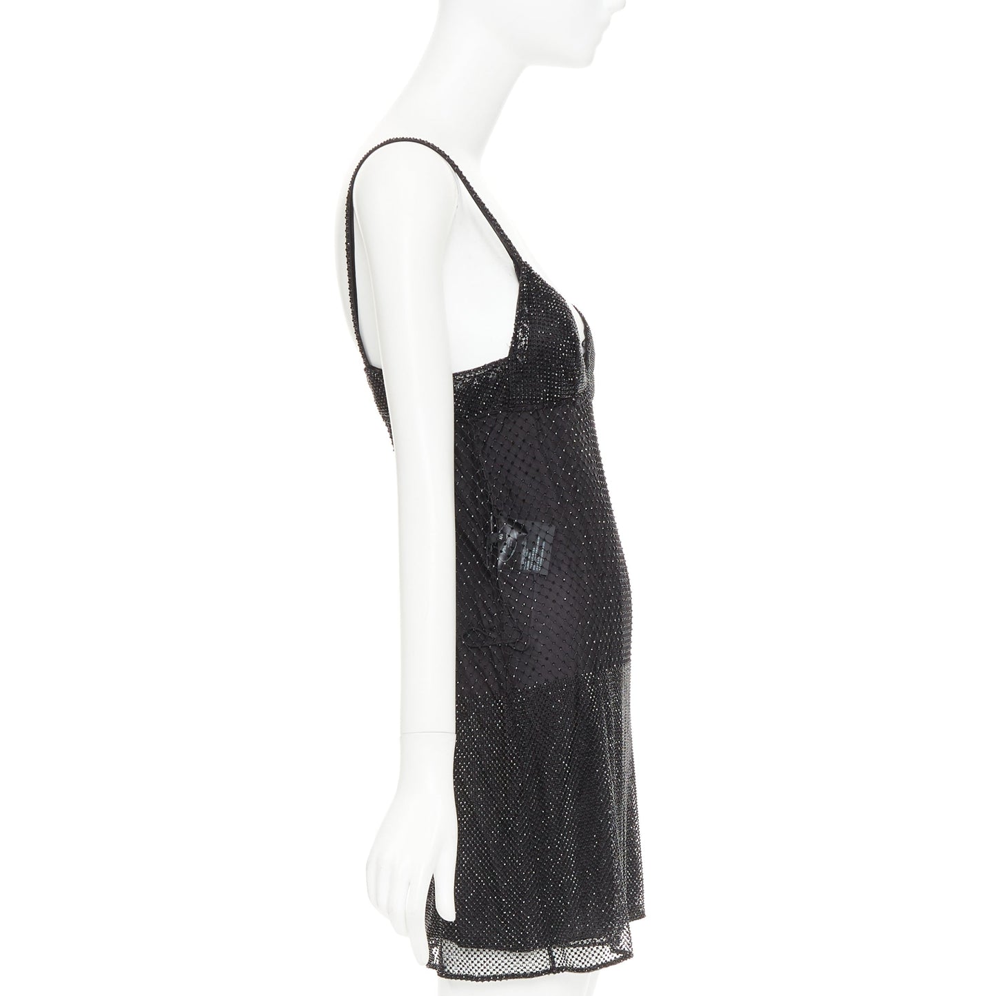 Women's Prada black rhinestone crystal degrade mesh mini slip dress