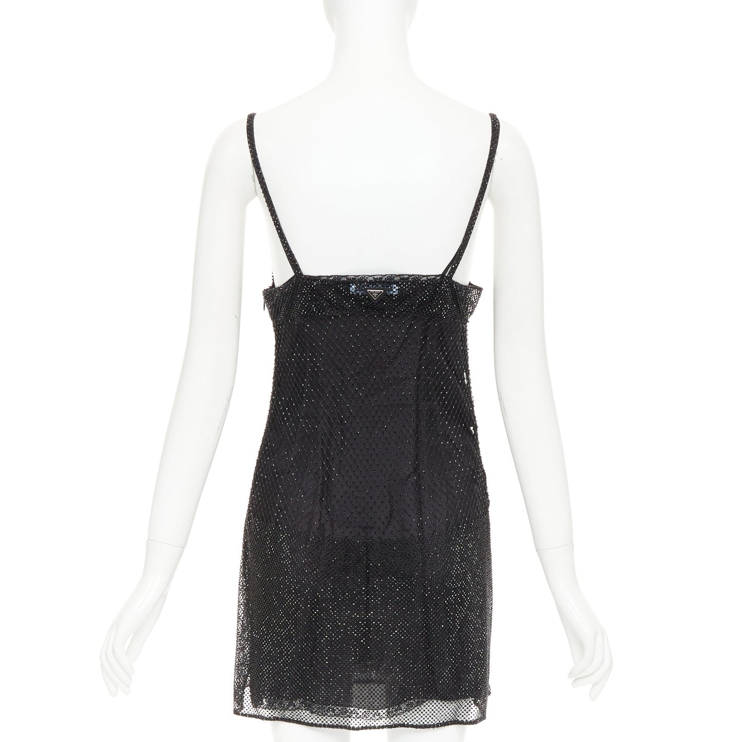 Women's Prada black rhinestone crystal degrade mesh mini slip dress