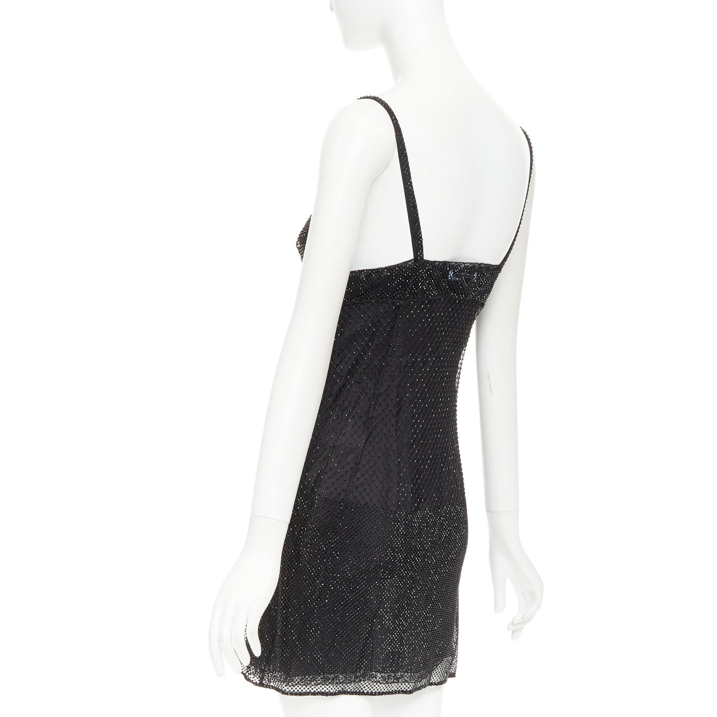 Women's Prada black rhinestone crystal degrade mesh mini slip dress