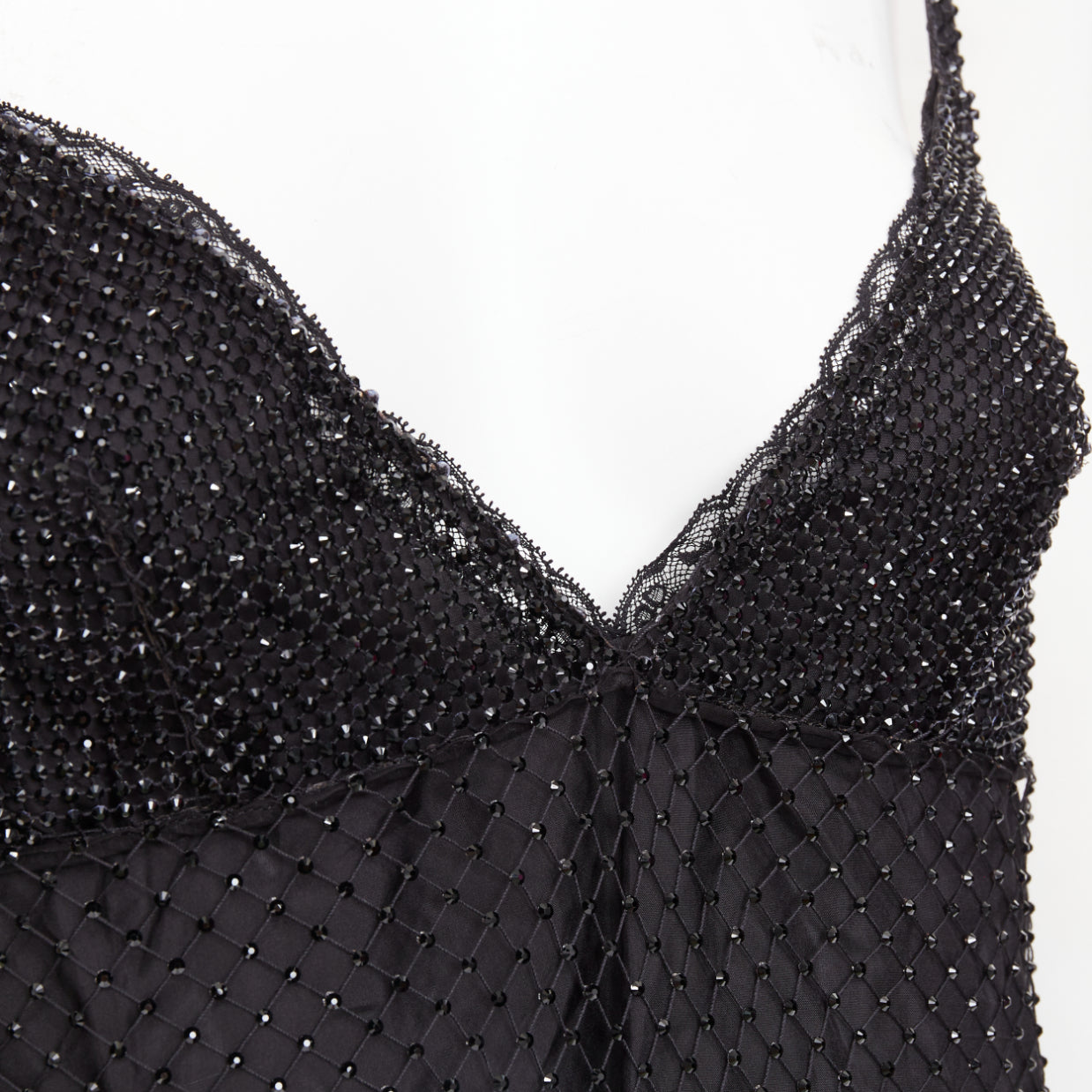 Women's Prada black rhinestone crystal degrade mesh mini slip dress