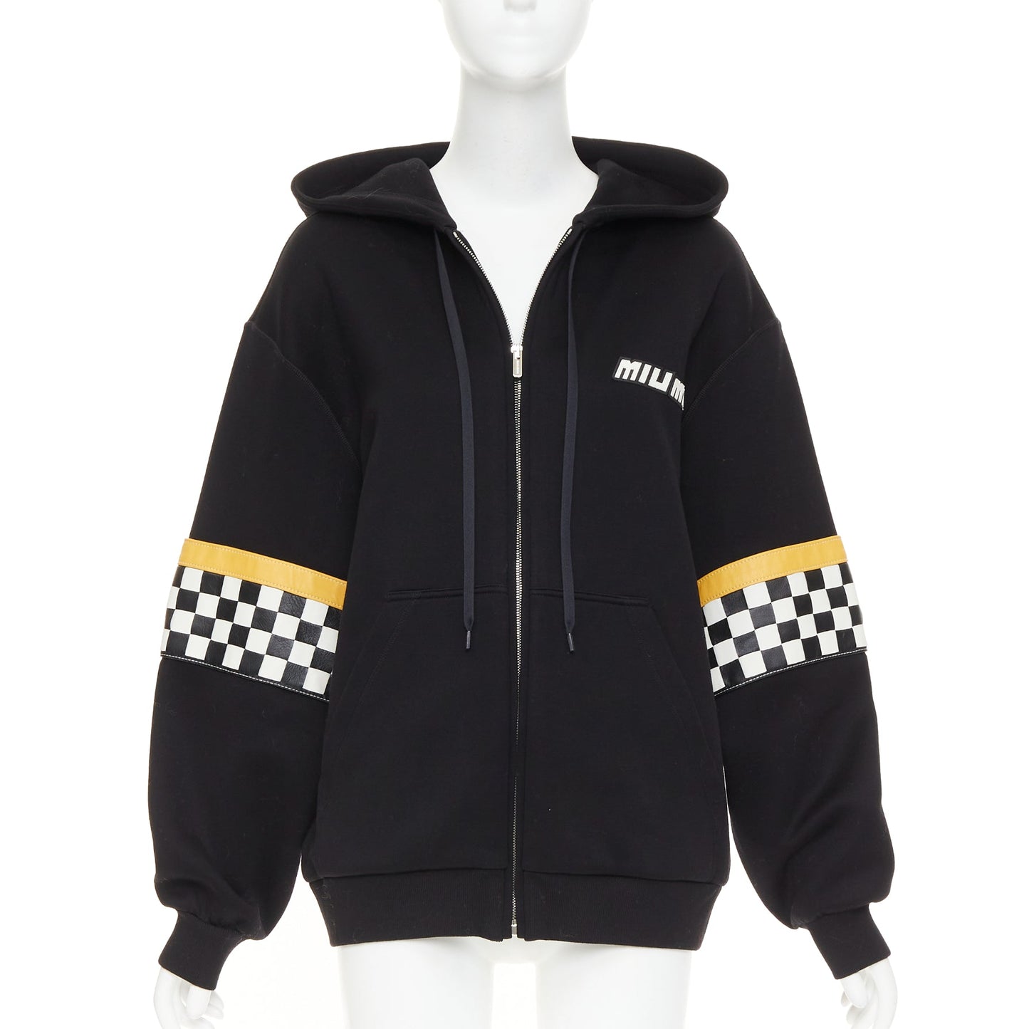 Women's Miu Miu black cotton checkerboard woven leather race hoodie