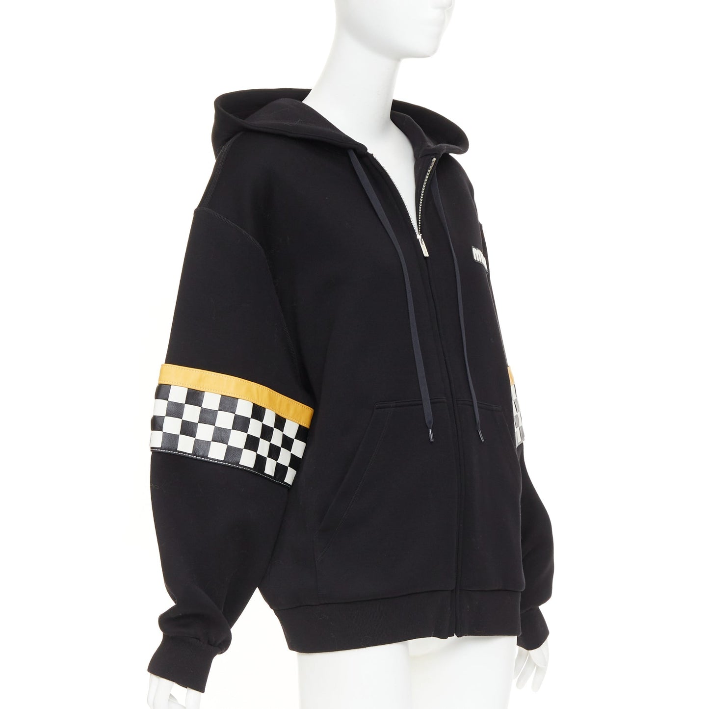 Women's Miu Miu black cotton checkerboard woven leather race hoodie
