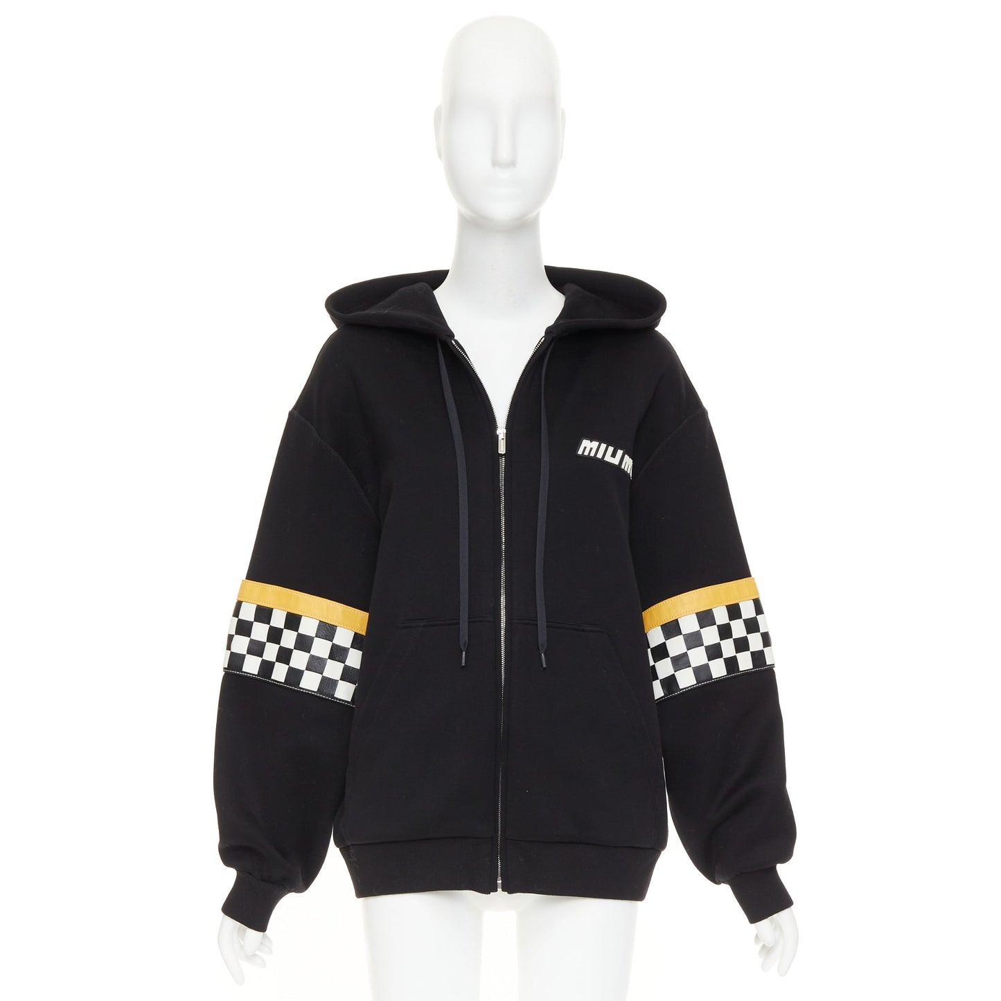 Women's Miu Miu black cotton checkerboard woven leather race hoodie