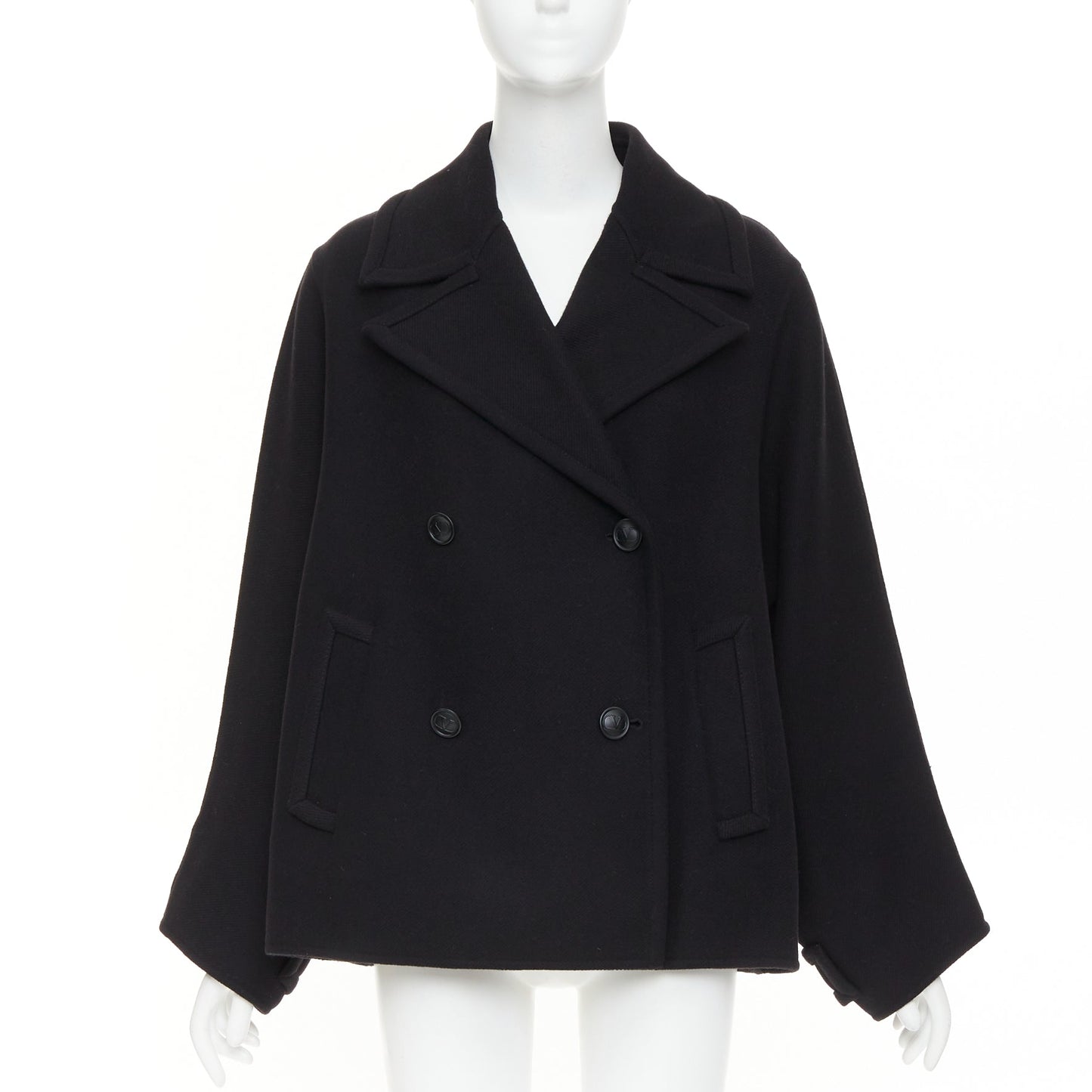 Women's Valentino black wool blend boxy V logo double breasted coat