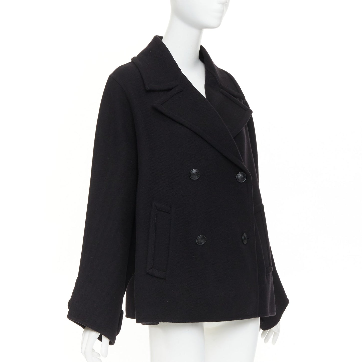 Women's Valentino black wool blend boxy V logo double breasted coat