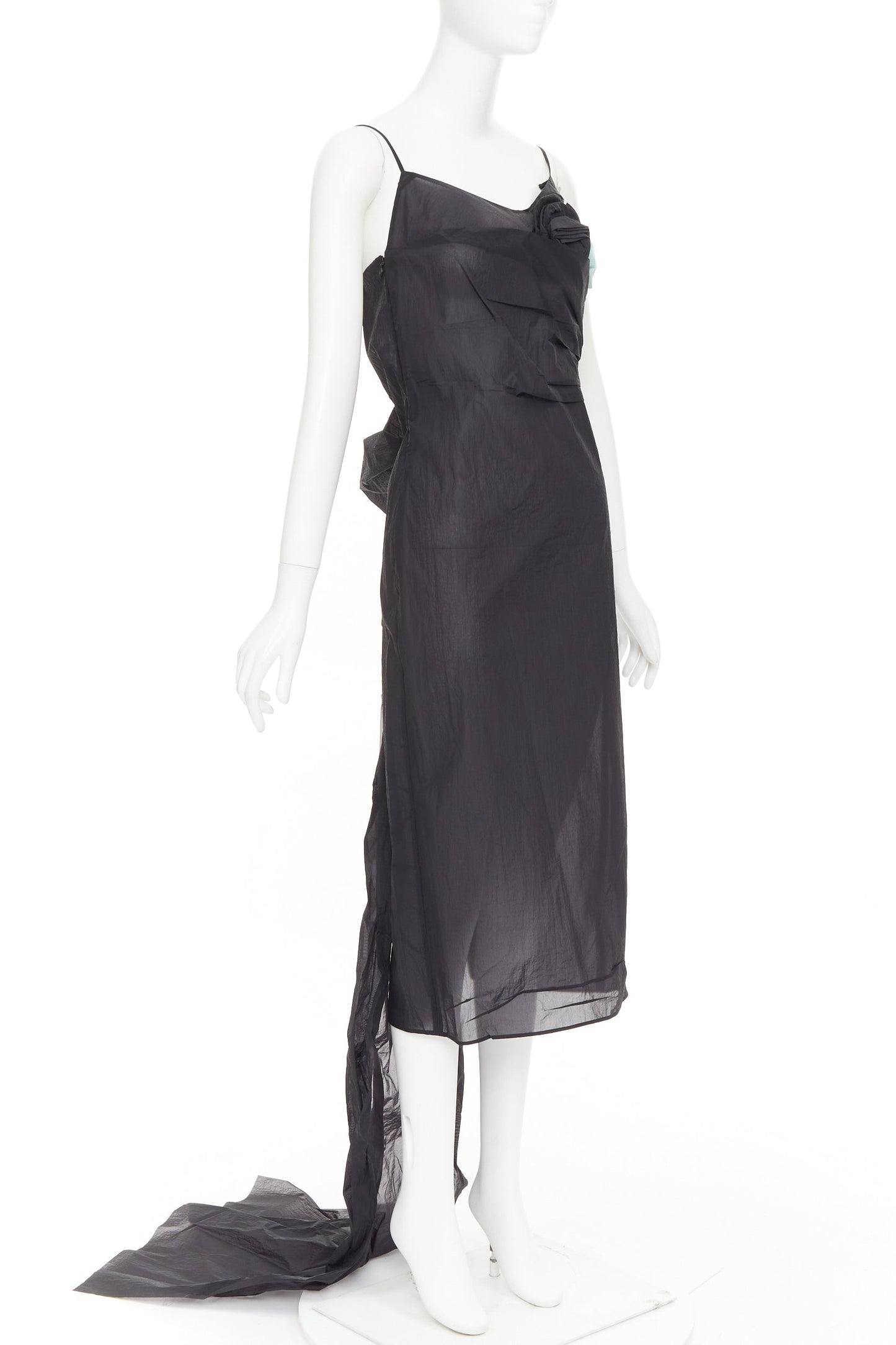 Women's Prada black crinkled Re-Nylon crepe rosette draped slip gown
