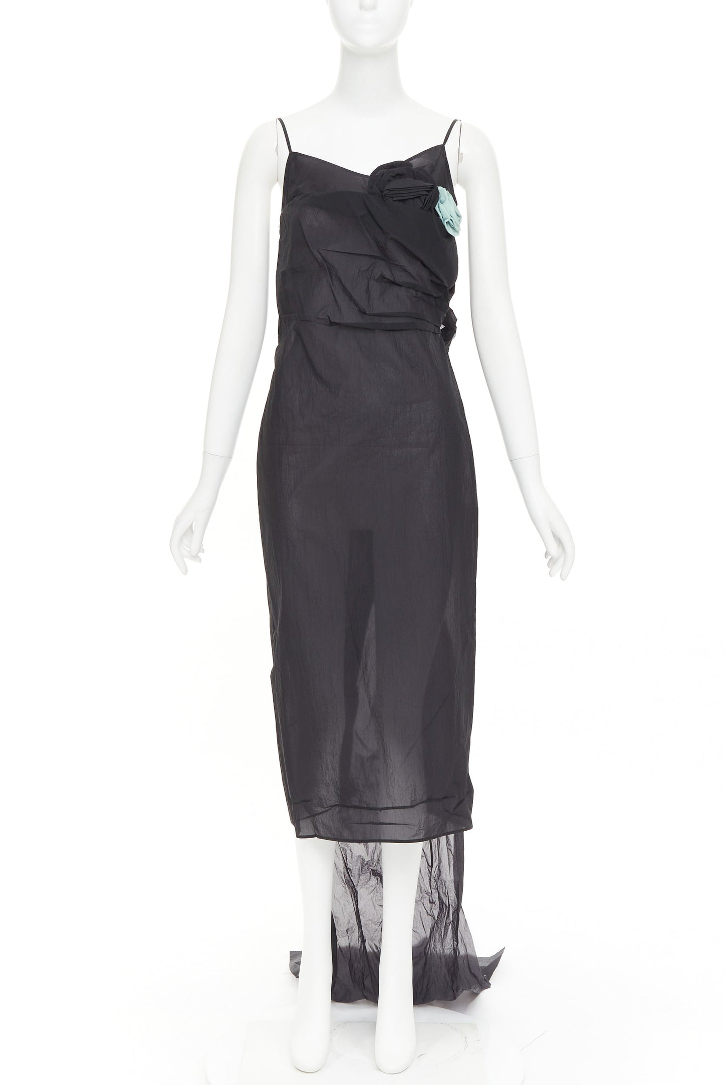 Women's Prada black crinkled Re-Nylon crepe rosette draped slip gown