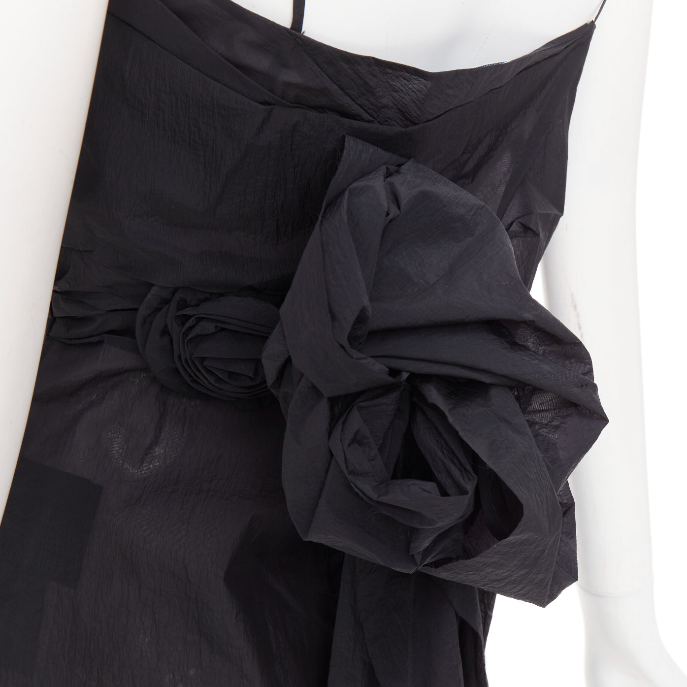Women's Prada black crinkled Re-Nylon crepe rosette draped slip gown