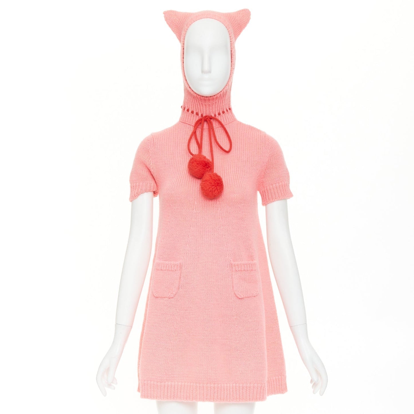Women's Gucci Epilogue pink wool knit ear hooded pom pom dress