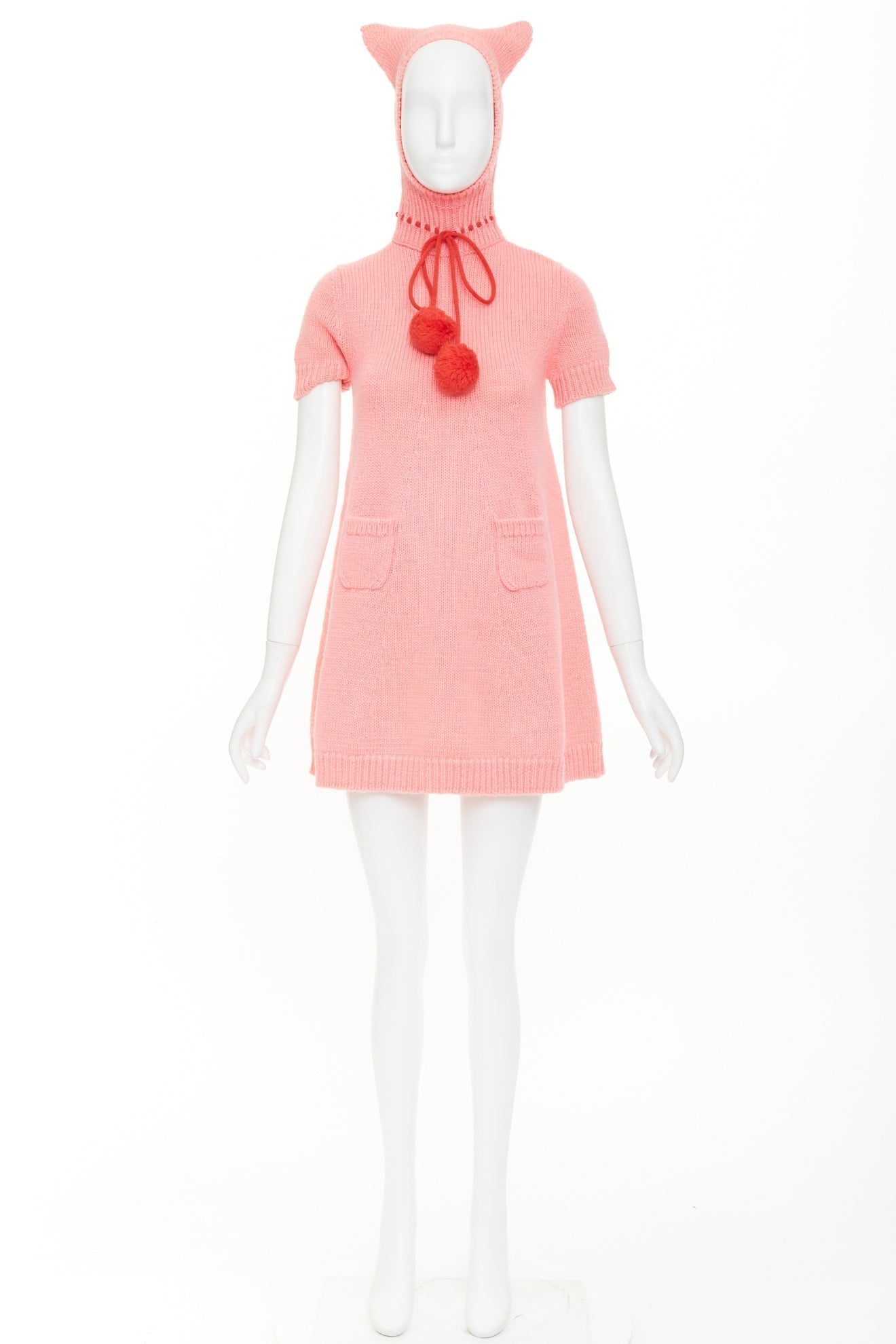 Women's Gucci Epilogue pink wool knit ear hooded pom pom dress