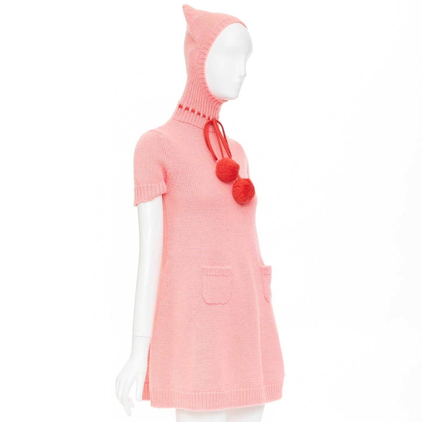 Women's Gucci Epilogue pink wool knit ear hooded pom pom dress