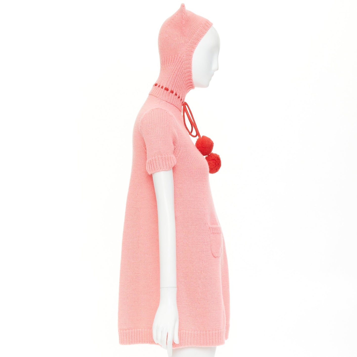Women's Gucci Epilogue pink wool knit ear hooded pom pom dress