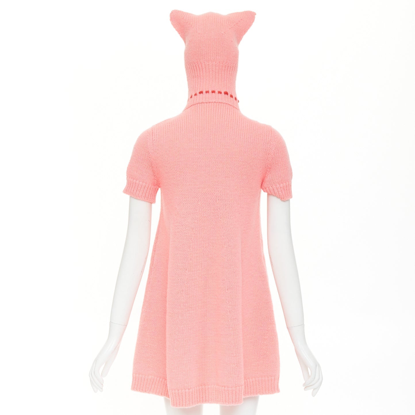 Women's Gucci Epilogue pink wool knit ear hooded pom pom dress