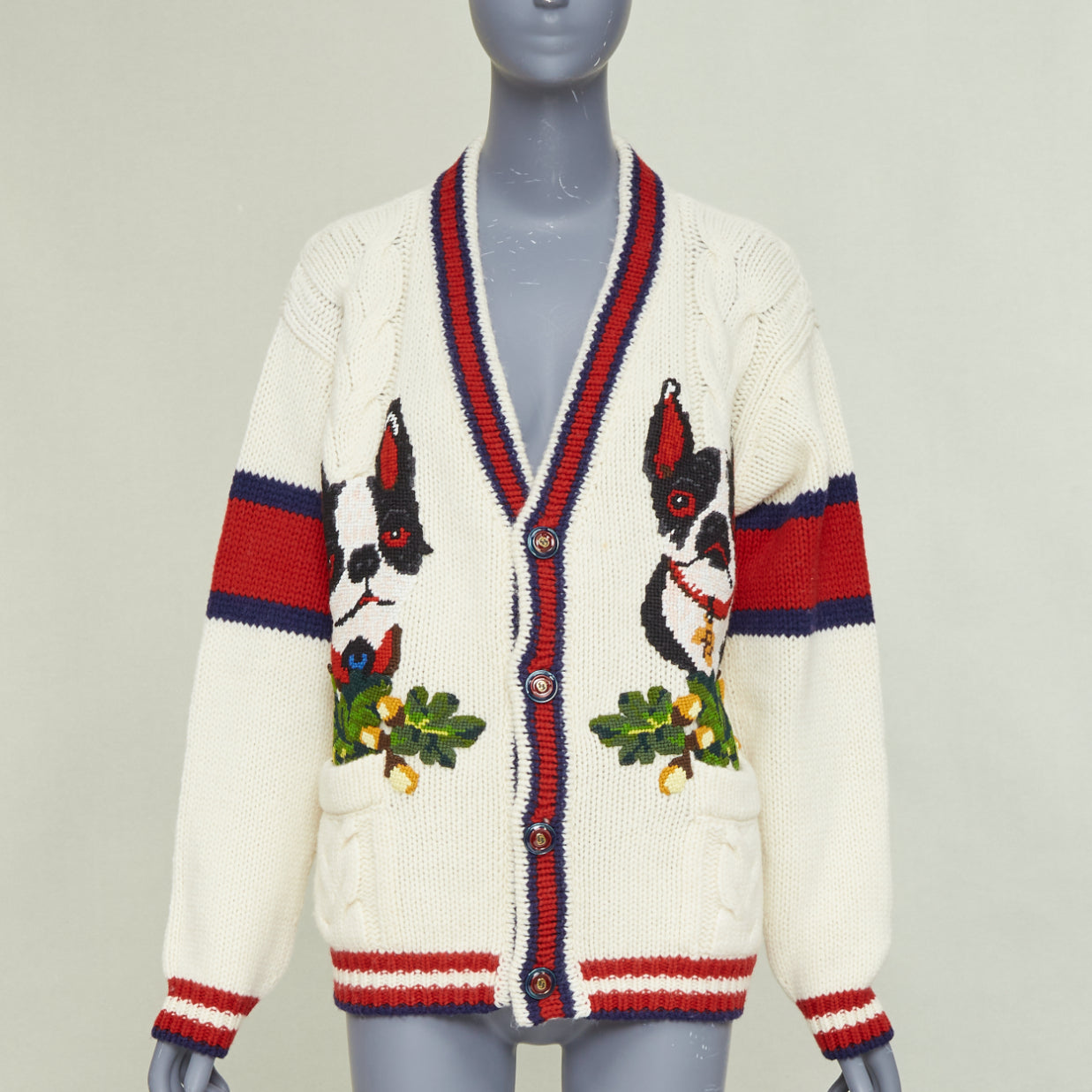 Women's Gucci Bosco Orso Dog Bulldog red cream wool needlepoint cardigan